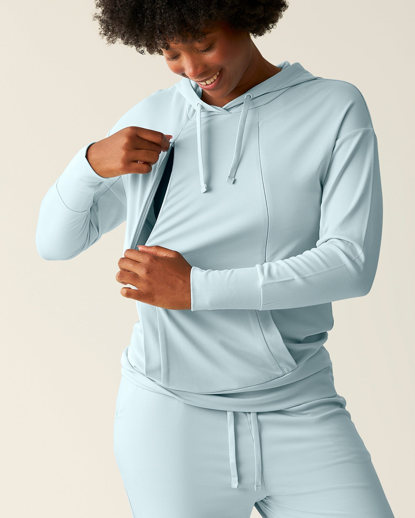Model showing nursing access on Brushed Bamboo Maternity & Nursing Hoodie in Powder Blue
