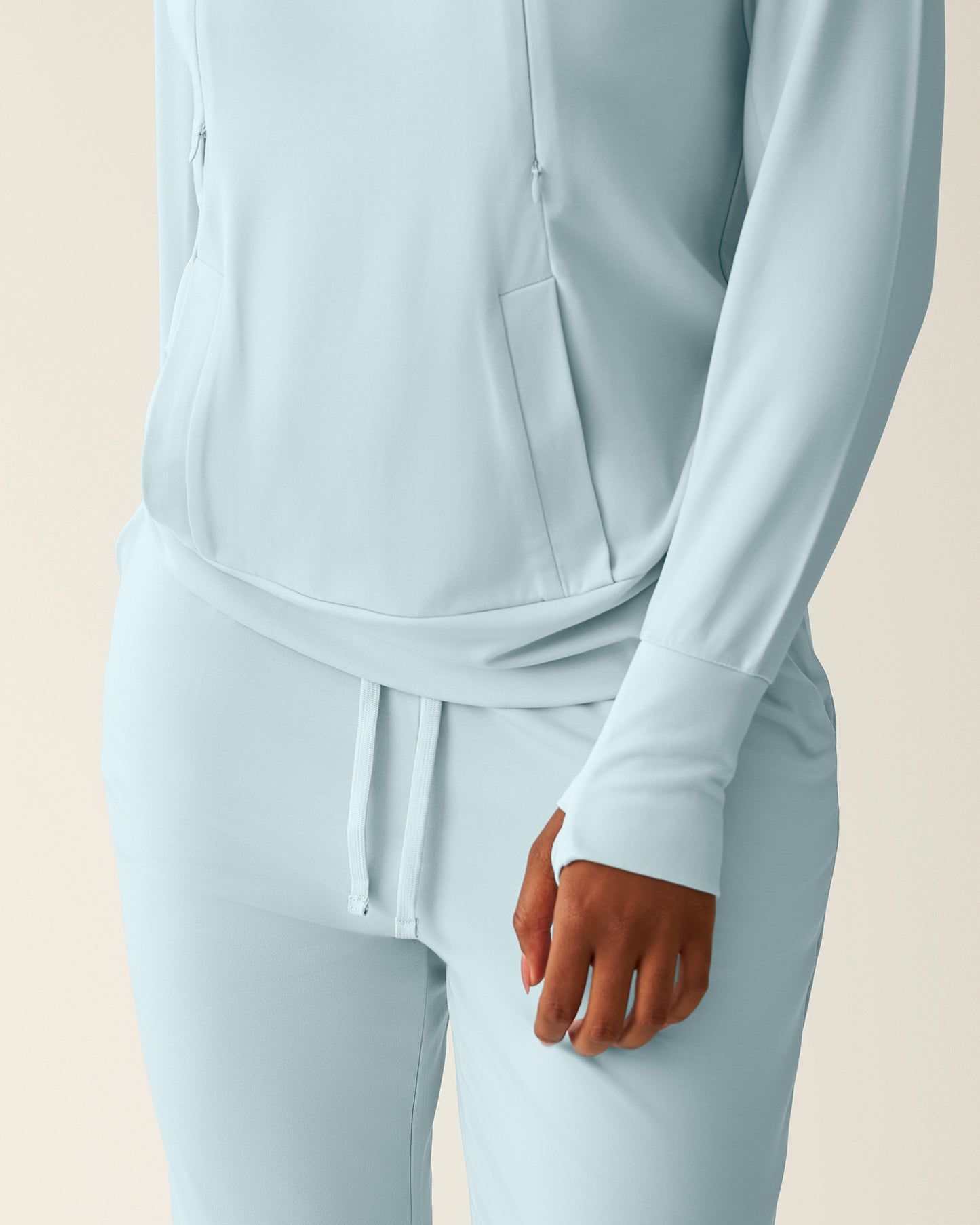 Close up of model wearing Brushed Bamboo Maternity & Nursing Hoodie in Powder Blue
