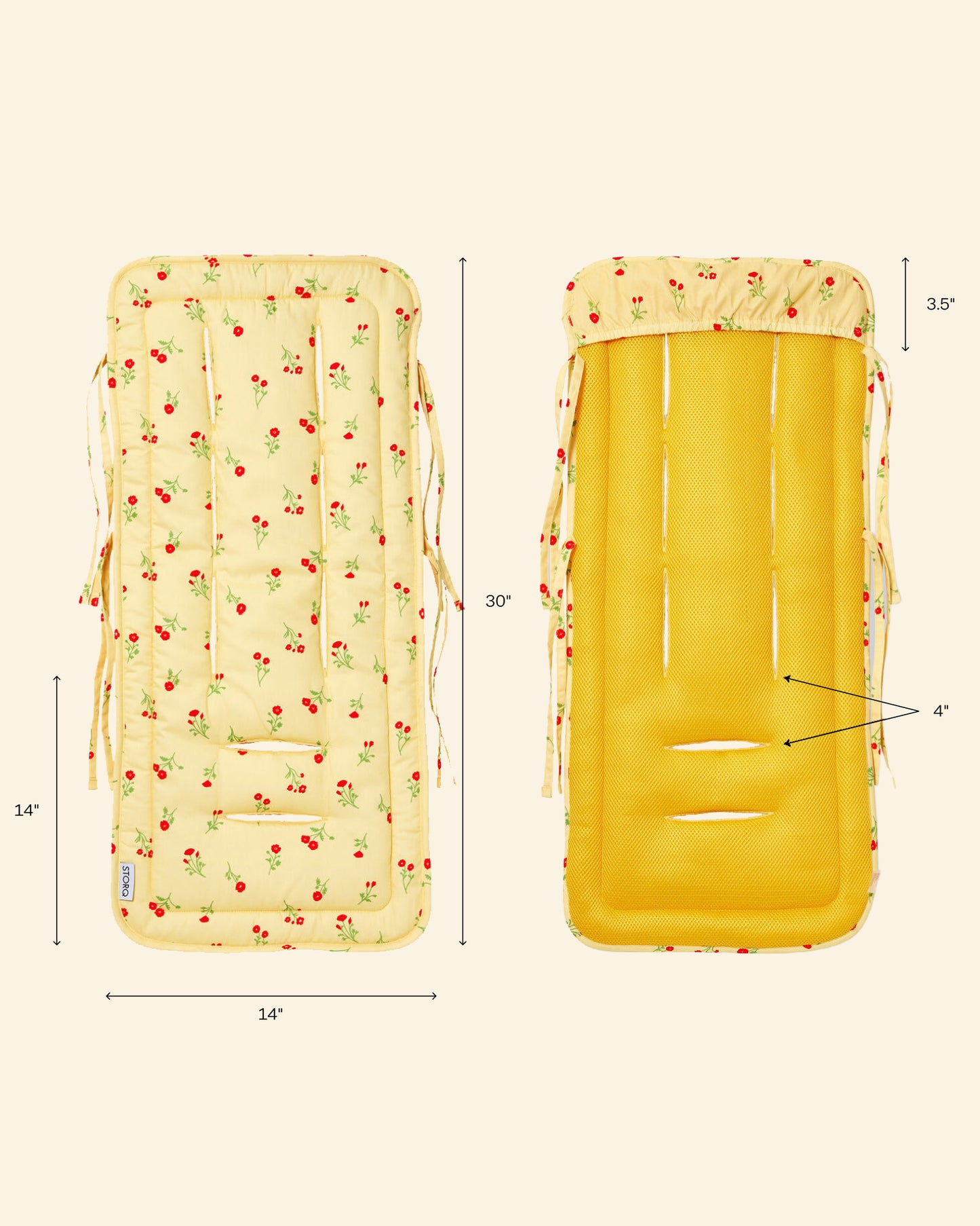 Stroller Party Seat Liner in sunshine wildflower with dimensions on a beige background