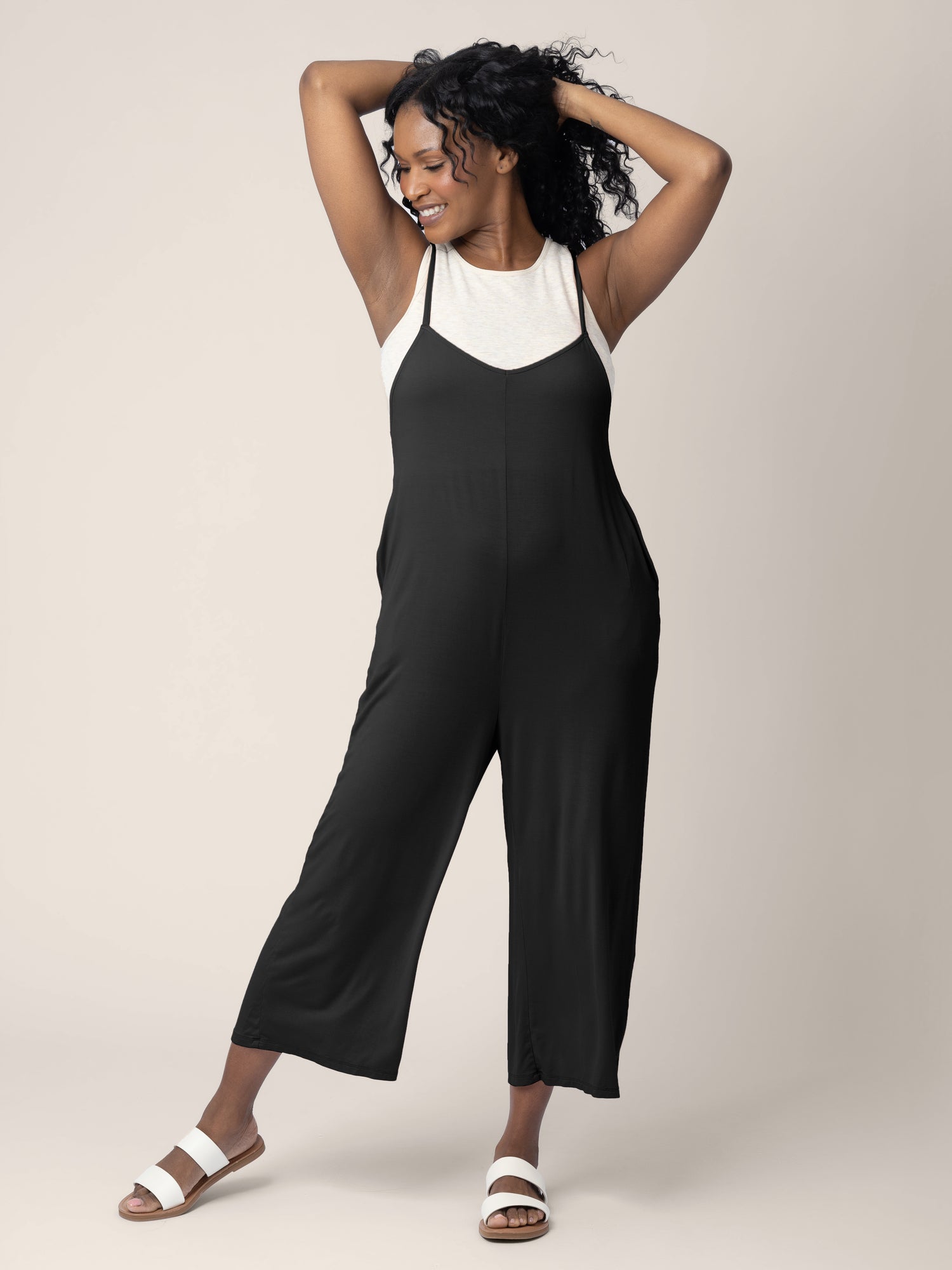 Model wearing the Charlie Maternity & Nursing Romper in Black