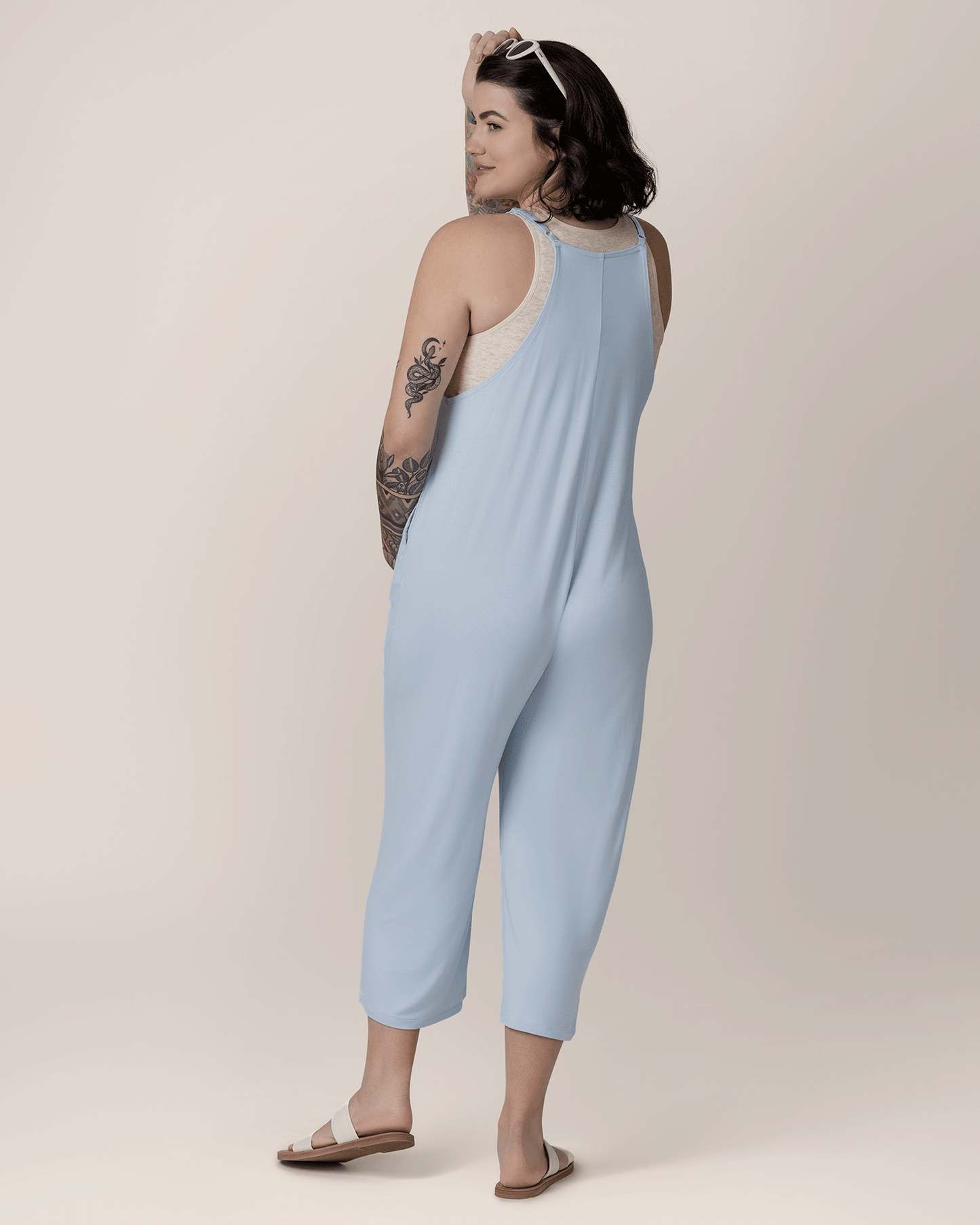Back view of pregnant model wwearing the Charlie Maternity & Nursing Romper in French Blue, paired with Sublime® Bamboo Maternity & Nursing Longline Bra Top in Oatmeal Heather