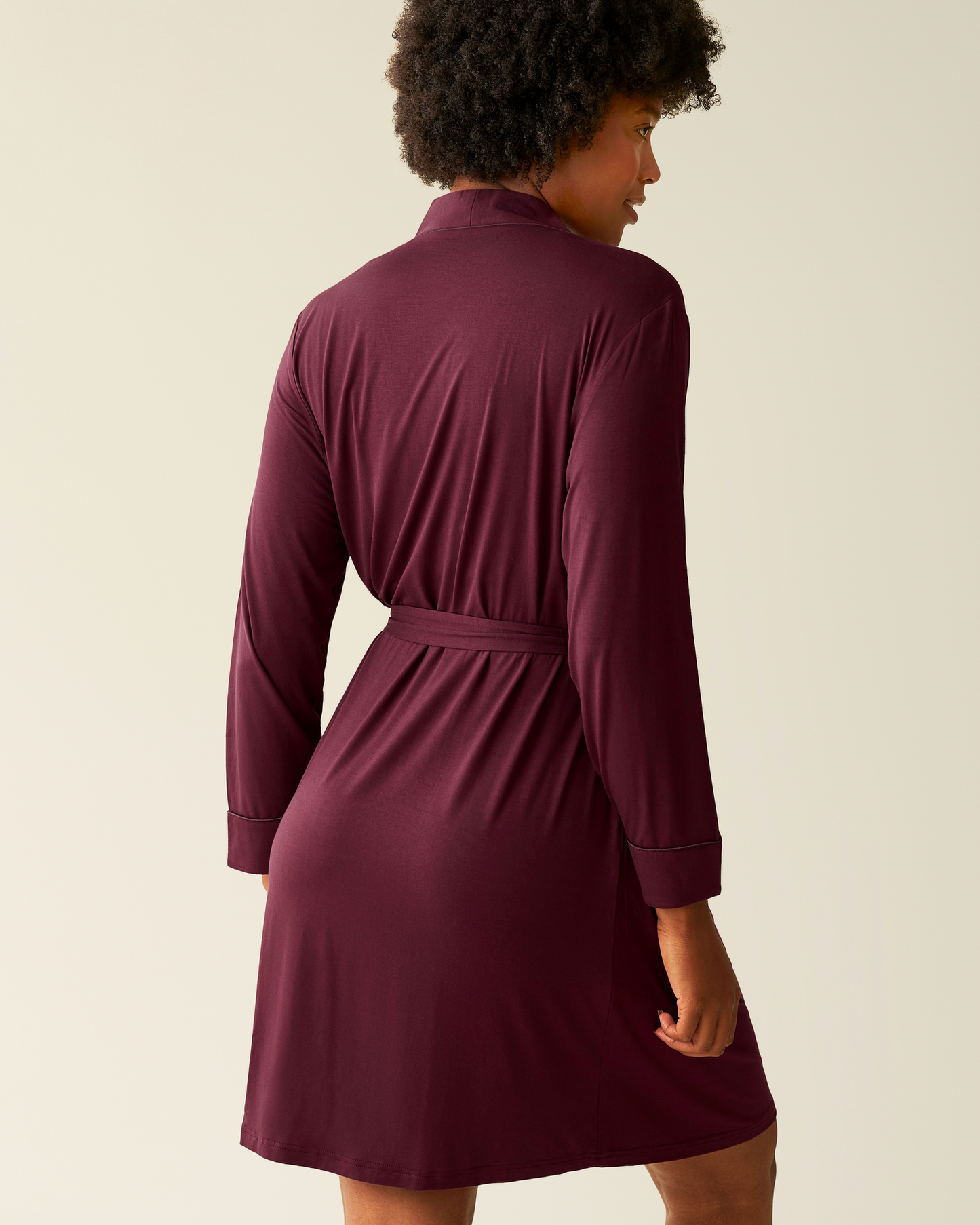 Back of woman wearing the Clea Bamboo Robe in Deep Burgundy