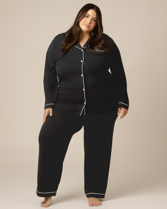 Front view of model wearing the Clea Bamboo Long Sleeve Pajama Set in Black @model_info:Gia is 5'8" and wearing a 3X.