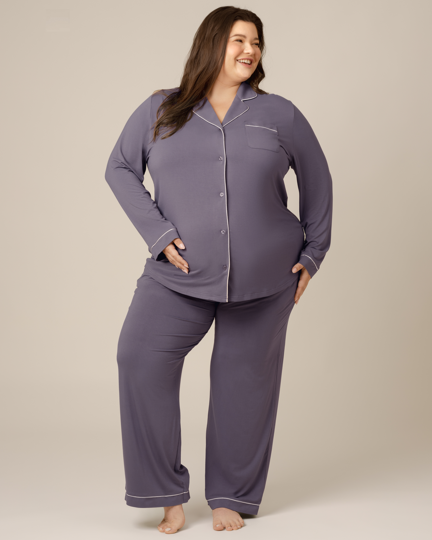 Front view of model wearing the Clea Bamboo Long Sleeve Pajama Set in Granite @model_info:Sam is 5'8" and wearing a 2X.