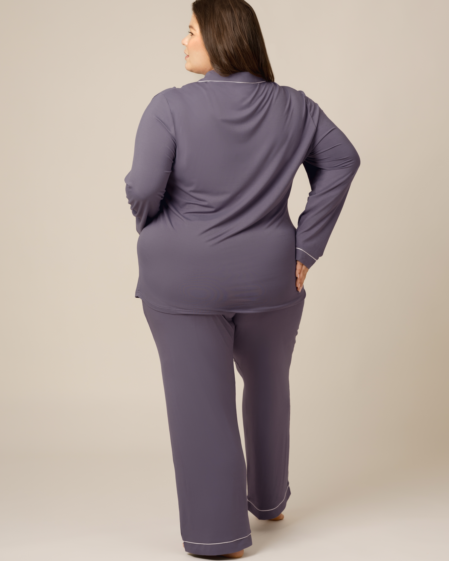 Back view of model wearing the Clea Bamboo Long Sleeve Pajama Set in Granite