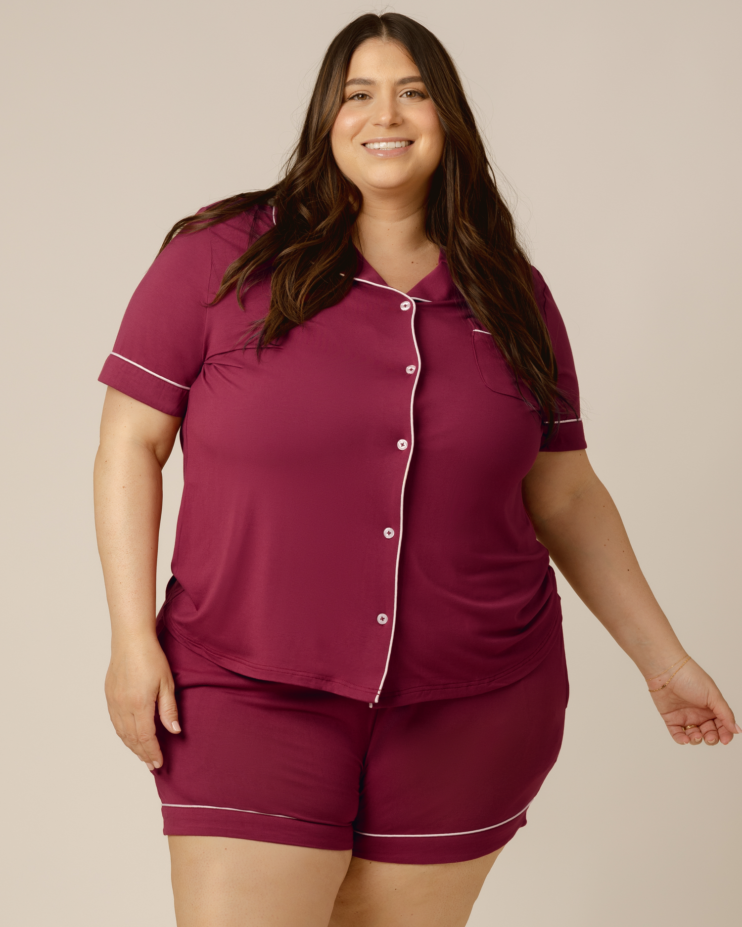 Front view of model wearing the Clea Bamboo Short Sleeve Pajama Set in Deep Berry @model_info:Gia is wearing a 3X.