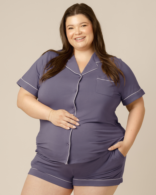 Front view of model wearing the Clea Bamboo Short Sleeve Pajama Set in Granite @model_info:Sam is wearing a 2X.