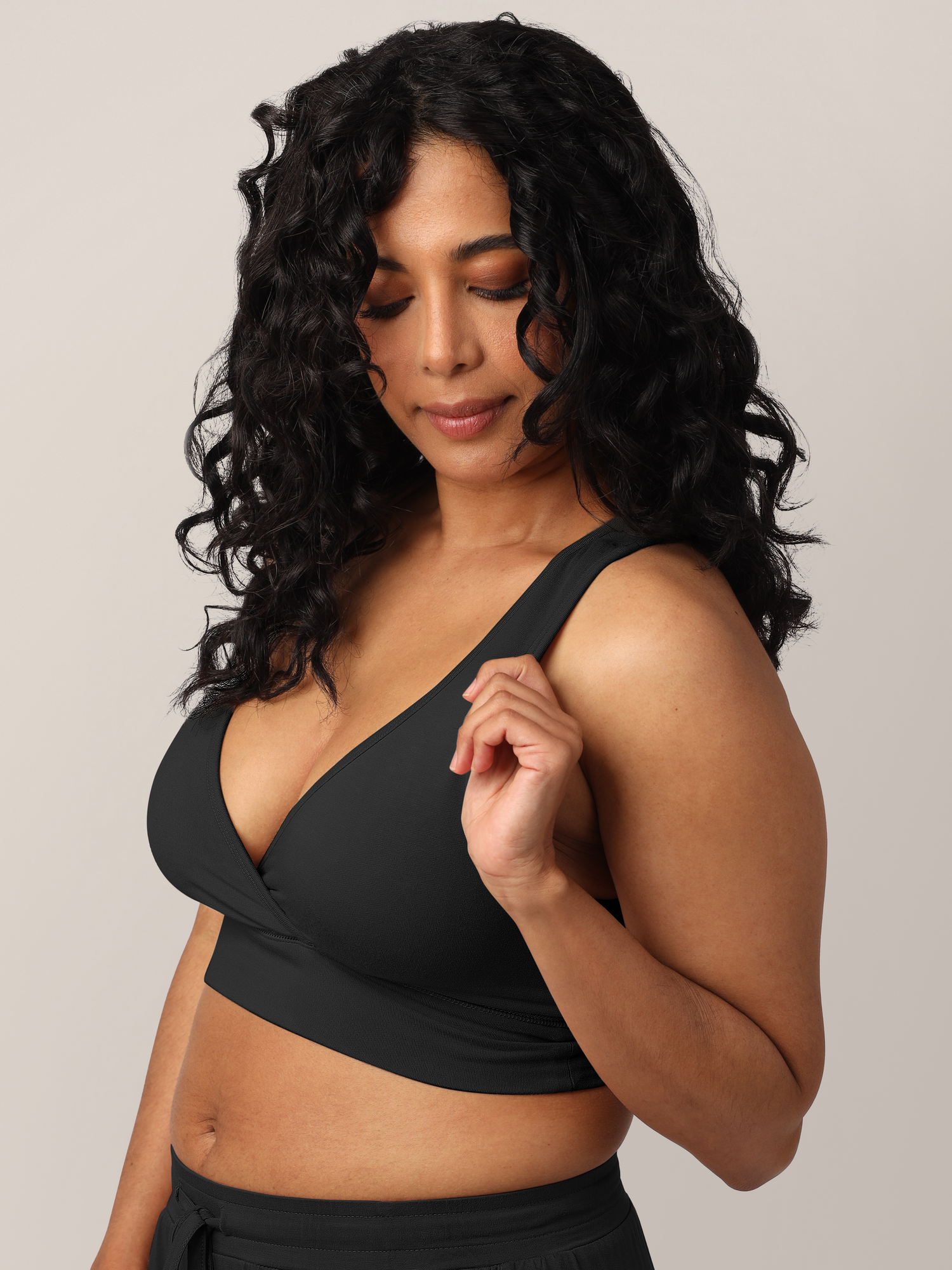 Up close shot of model wearing the French Terry Nursing Bra in Black.