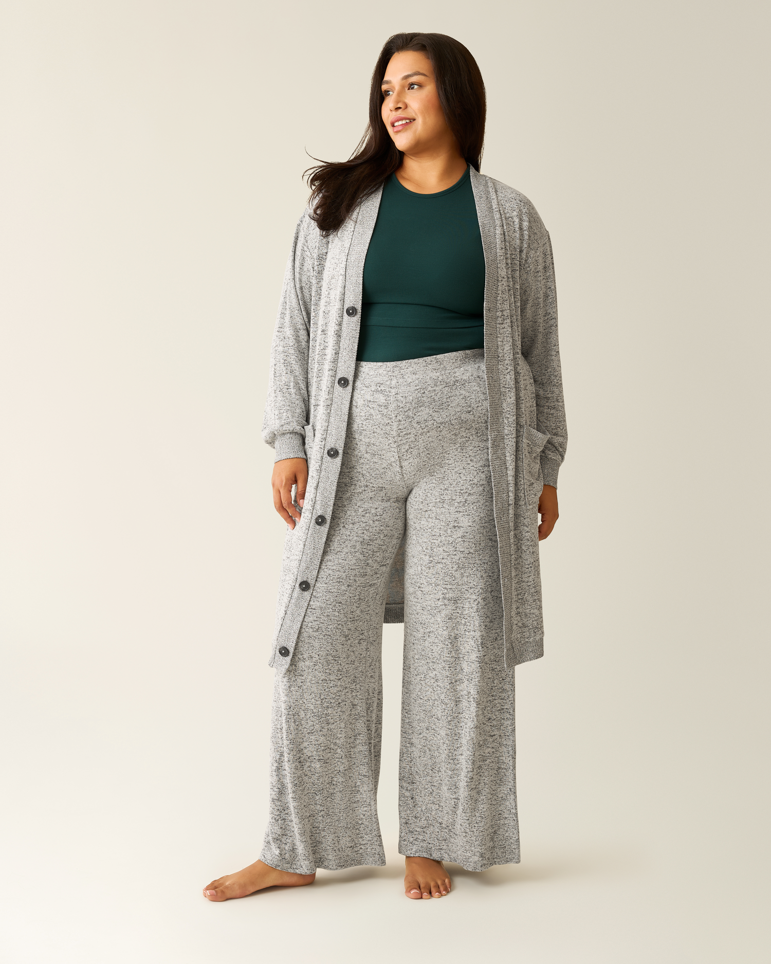 Woman wearing the CozyKnit Wide Leg Lounge Pant in Grey Heather, paired with matching Cozyknit Long Cardigan and Evergreen Ribbed Racerback Tank