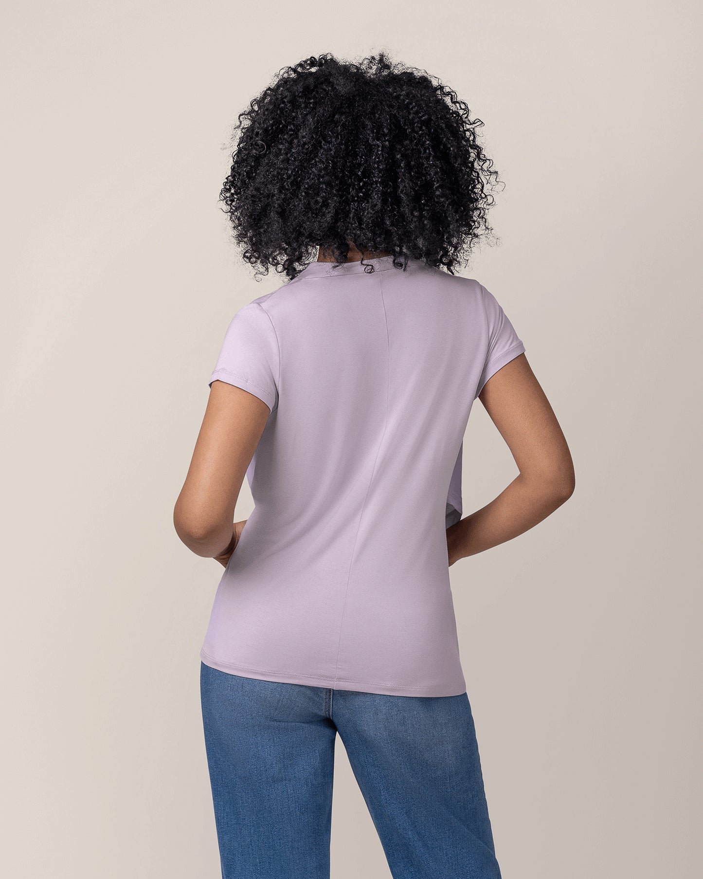 Back view of model wearing the Bamboo Draped Nursing Top in Lavender Mist