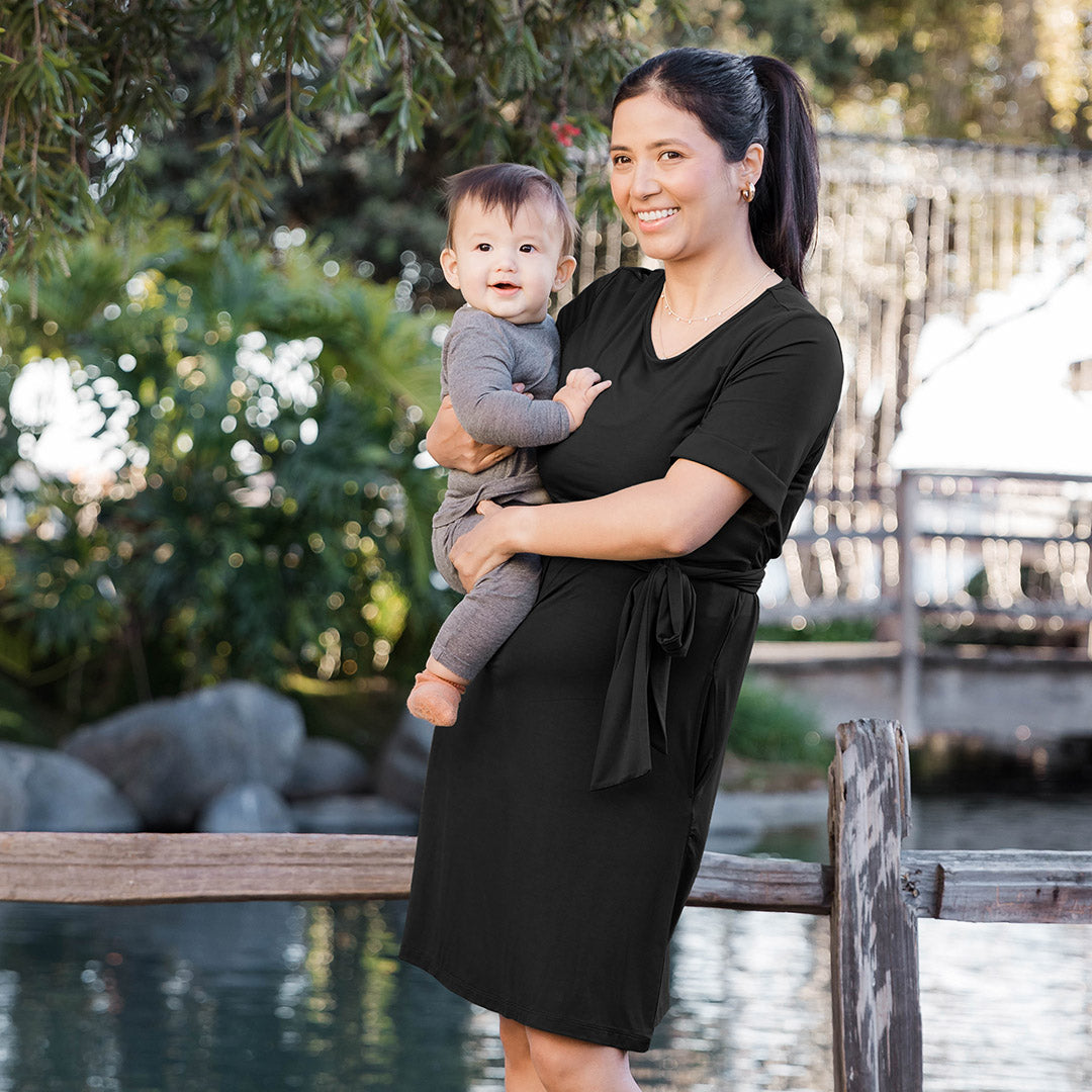 Elena Nursing & Maternity Tie Dress | Black-Bottoms & Dresses-Kindred Bravely
