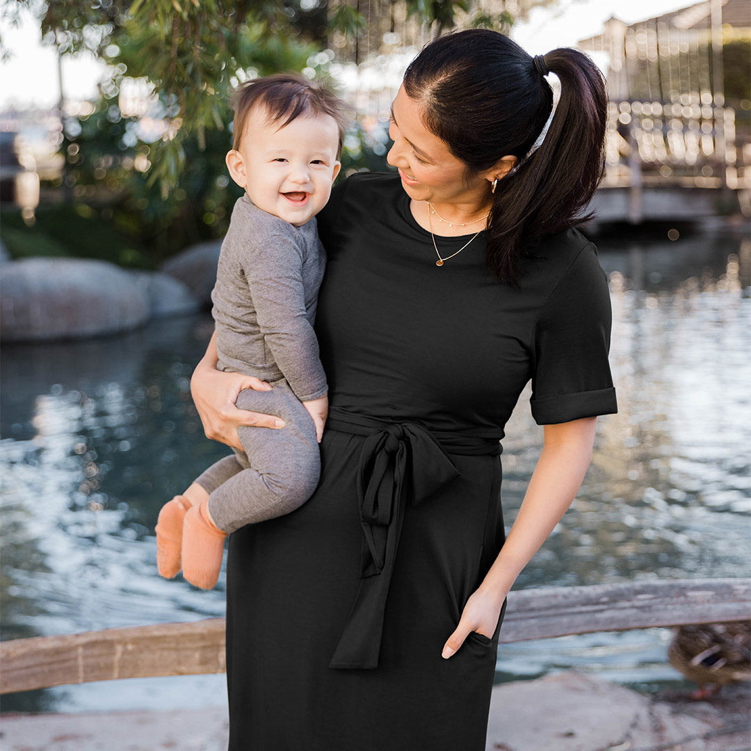 Elena Nursing & Maternity Tie Dress | Black-Bottoms & Dresses-Kindred Bravely