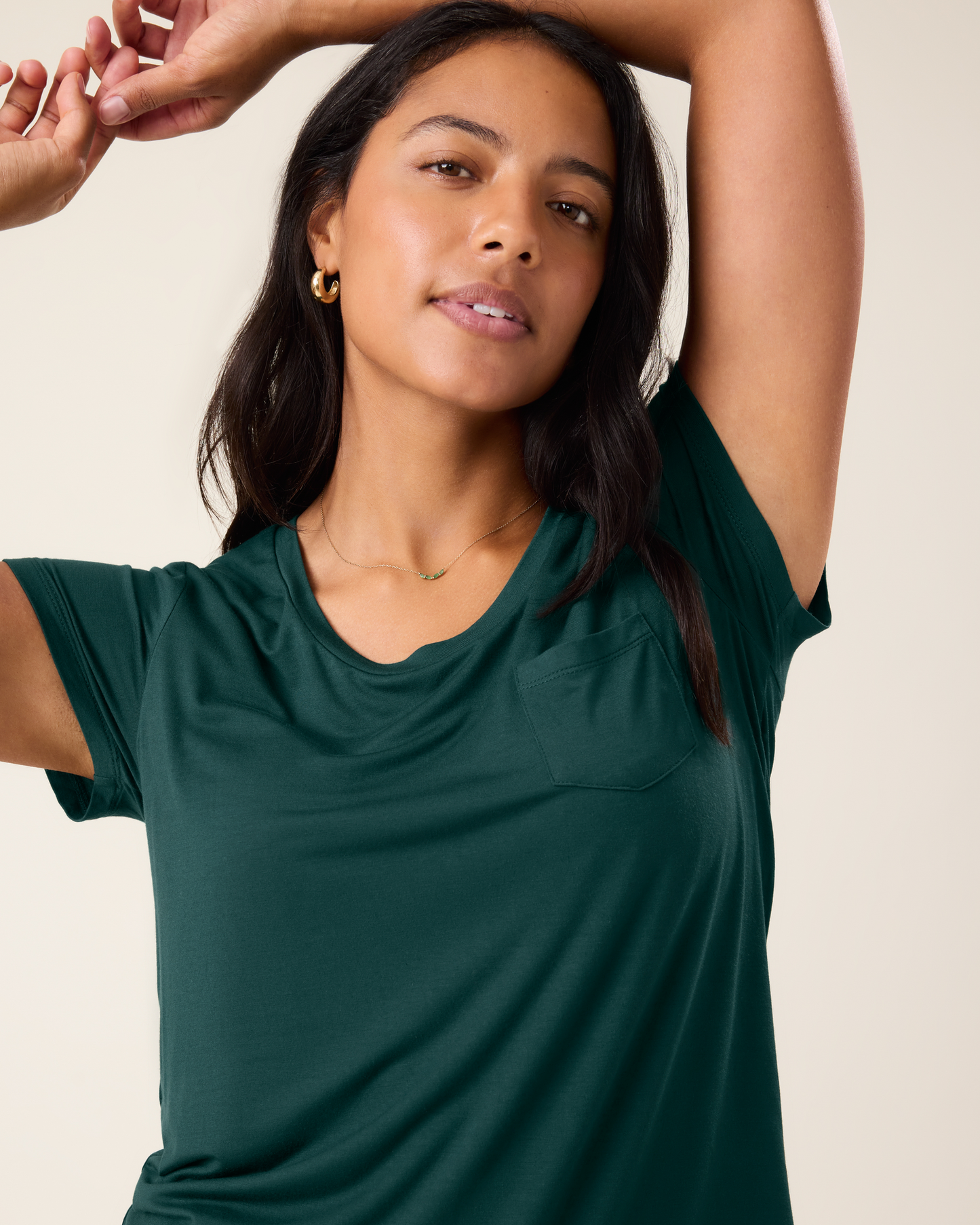 Woman wearing the Everyday Maternity & Nursing T-shirt in Evergreen