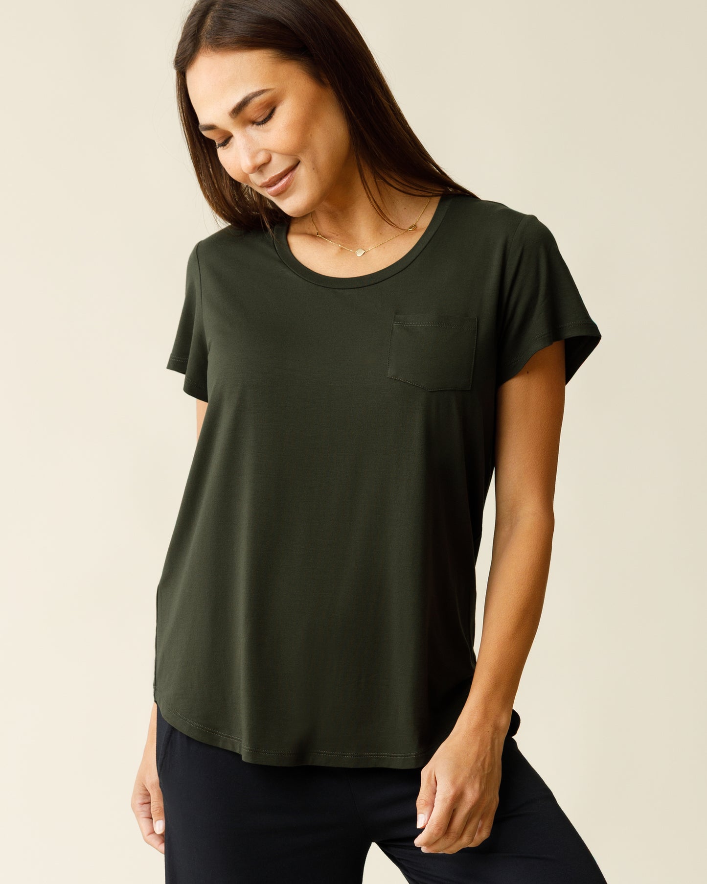 Woman wearing the Everyday Maternity & Nursing T-shirt in Thyme@model_info:Lisa is wearing a Small.
