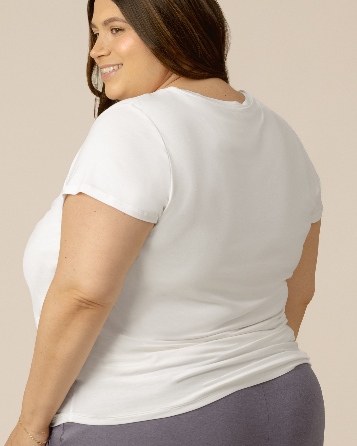 Side back view of model wearing the Everyday Maternity & Nursing T-shirt in White