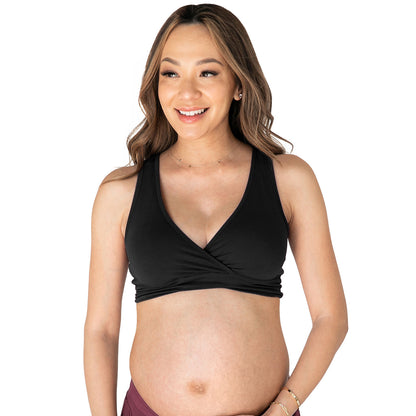 Pregnant model wearing the French Terry Racerback Nursing & Sleep Bra in Black