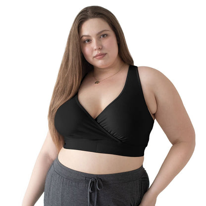 Model wearing the French Terry Racerback Nursing & Sleep Bra in Black with her hand on her hip.