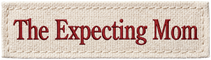 A rectangular fabric patch with a cream-colored textured background and the words 'The Expecting Mom' embroidered in dark red serif lettering.