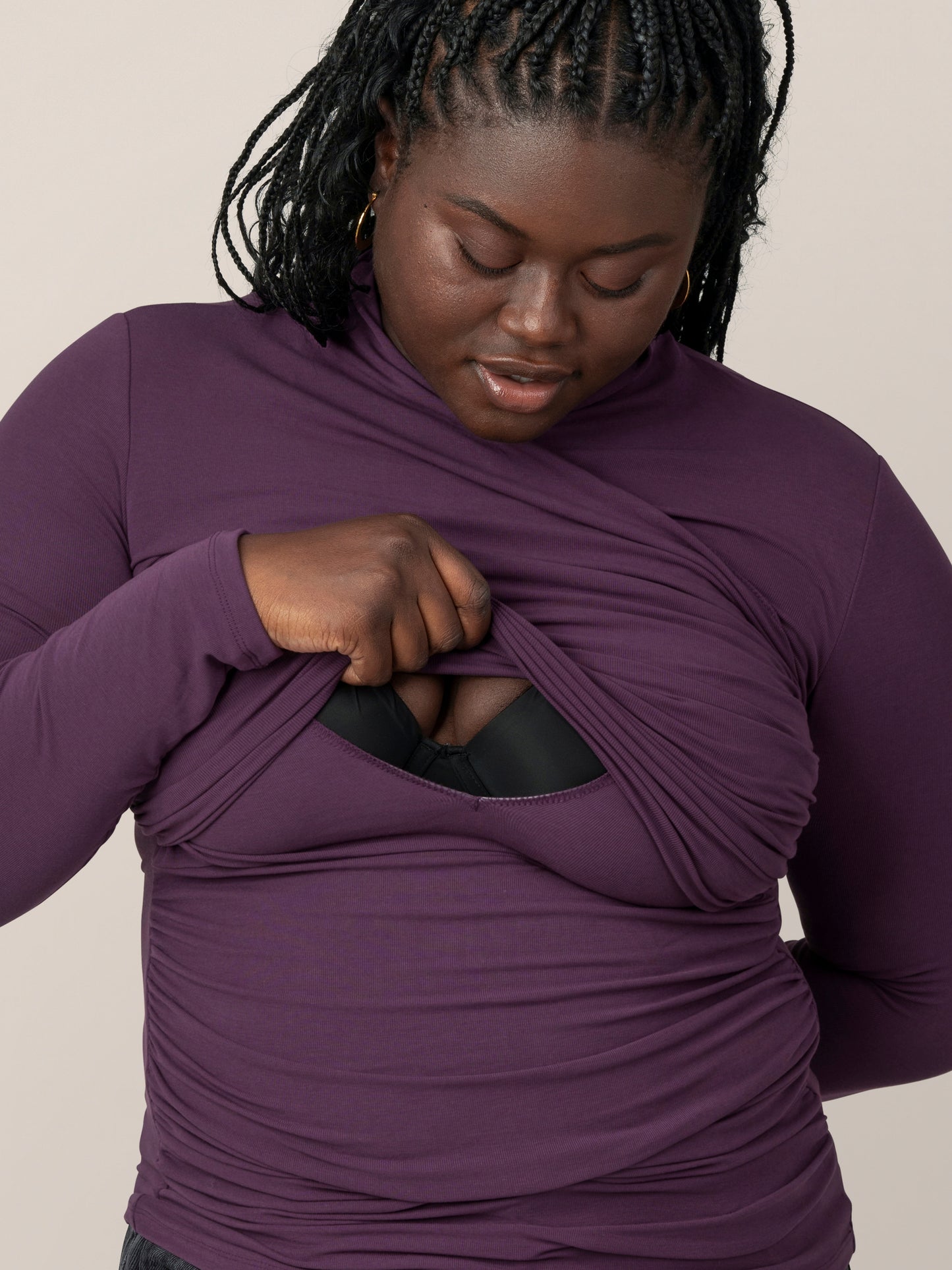 Close up front view of model wearing the Gianna Shirred Maternity & Nursing Top in Mulberry, showing nursing access @model_info:Bintou is wearing an X-Large.