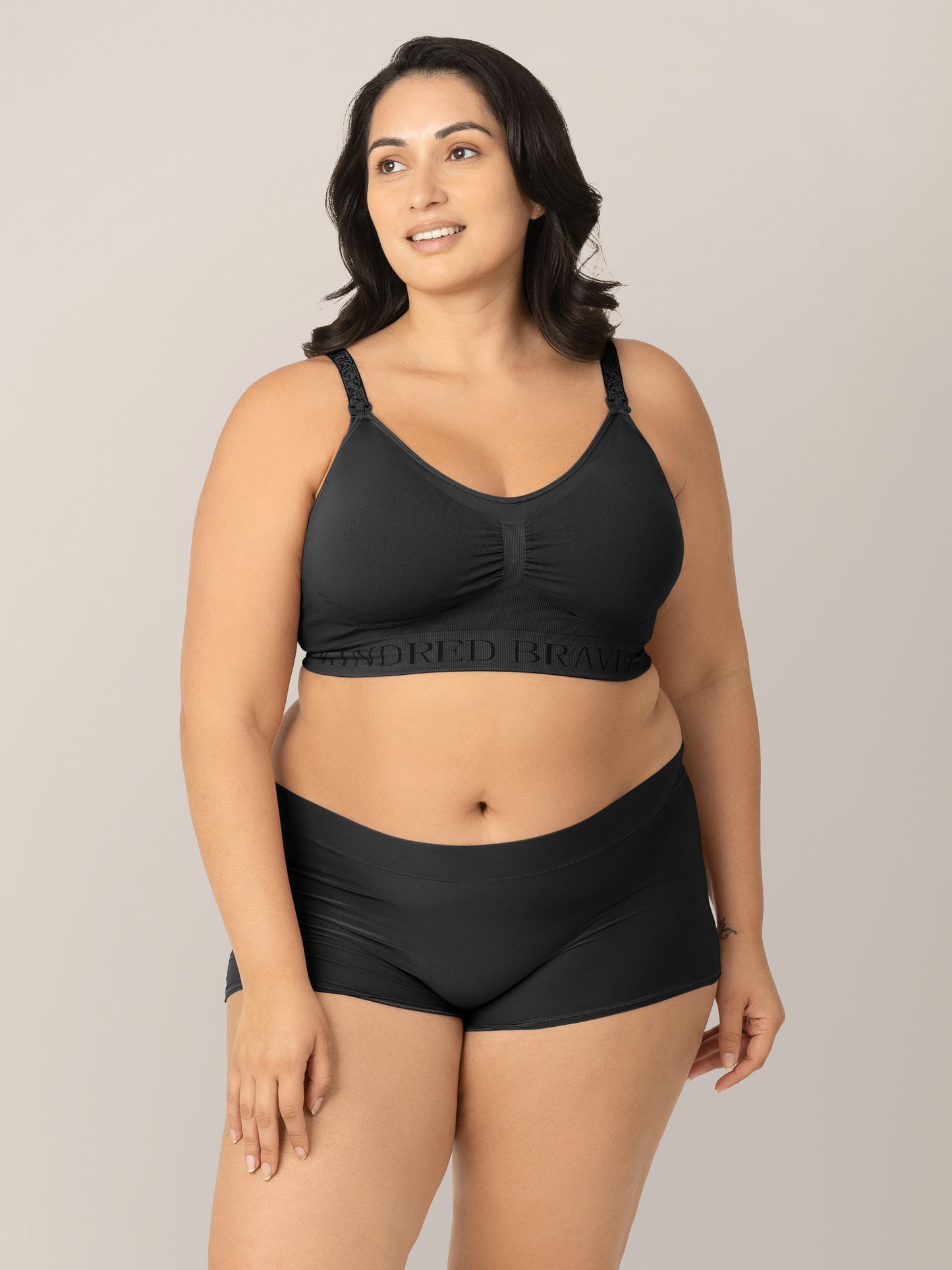 Model wearing the Black Grow with Me™ Maternity & Postpartum Boyshort .
