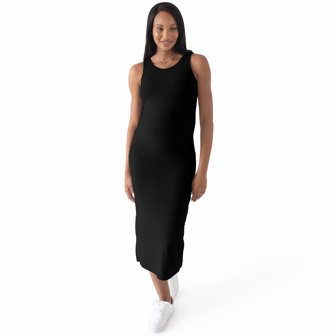 Gwen Ribbed Bamboo Maternity Midi Dress | Black-Bottoms & Dresses-Kindred Bravely