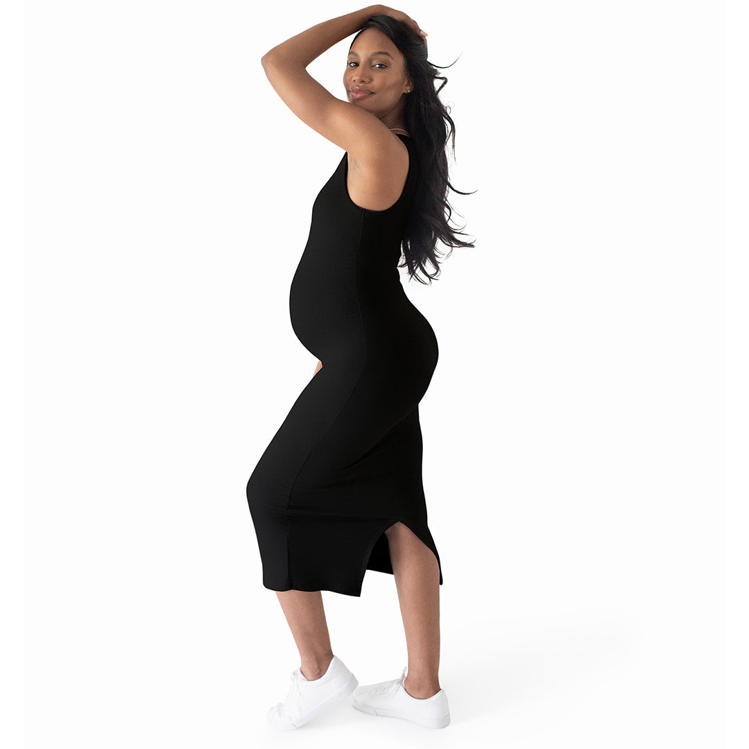 Gwen Ribbed Bamboo Maternity Midi Dress | Black-Bottoms & Dresses-Kindred Bravely