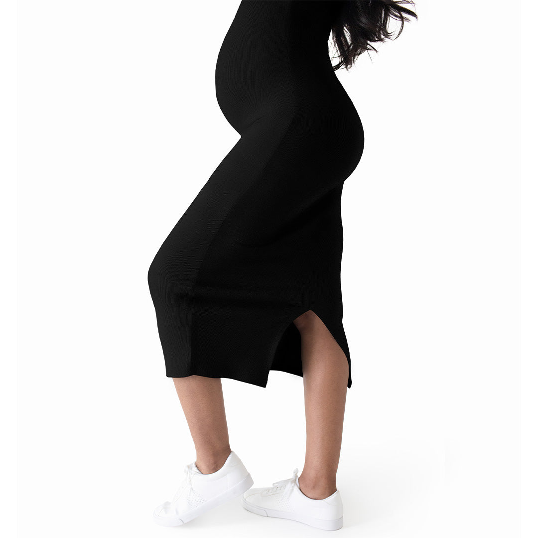 Gwen Ribbed Bamboo Maternity Midi Dress | Black-Bottoms & Dresses-Kindred Bravely