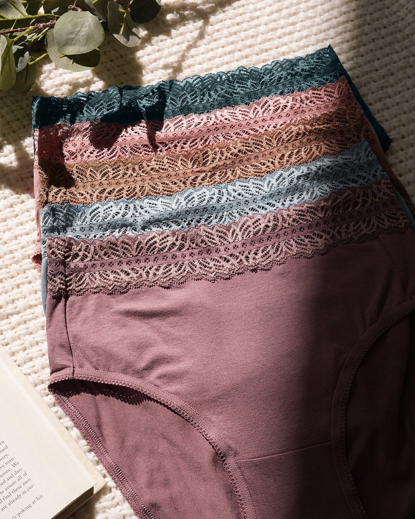 High-Waisted Postpartum Recovery Panties (5 Pack) in Assorted Solids on a woven blanket background with plants and book.