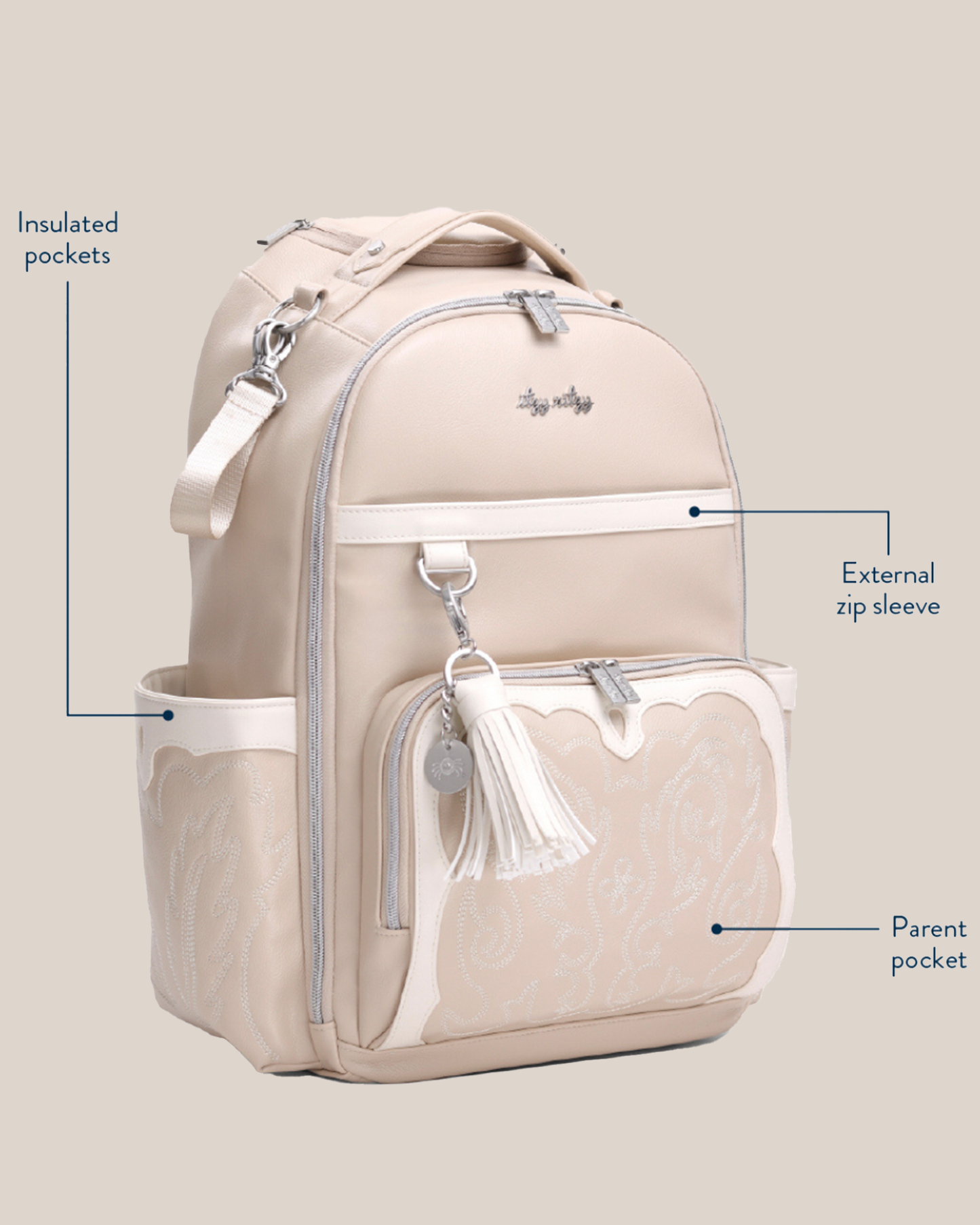 3/4 view of the Itzy Ritzy - Nash Boss Plus™ Diaper Bag in Oat, calling out details and features