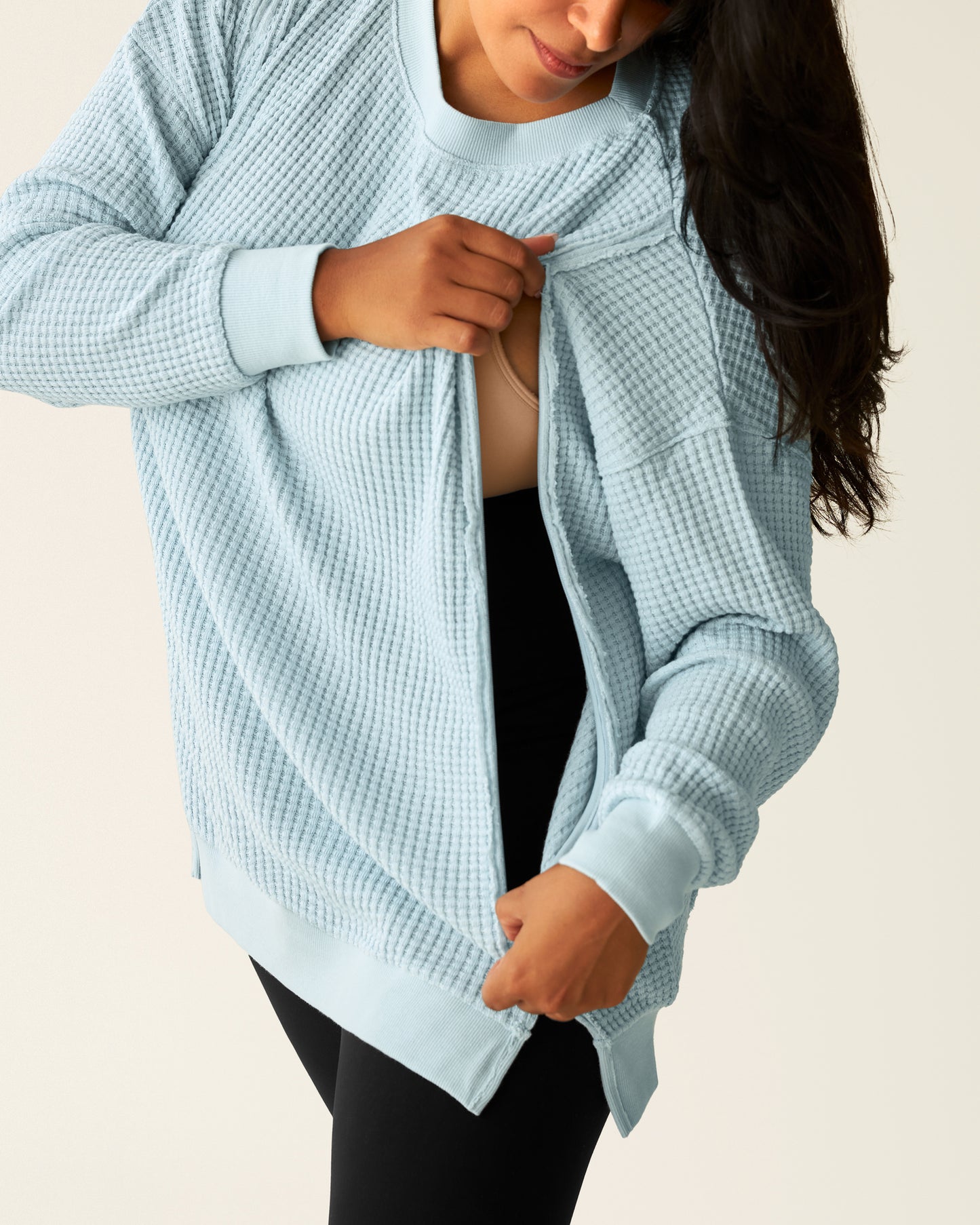 Model showing nursing access on Joelle Thermal Maternity & Nursing Top in Powder Blue@model_info:Lily is wearing a Large.