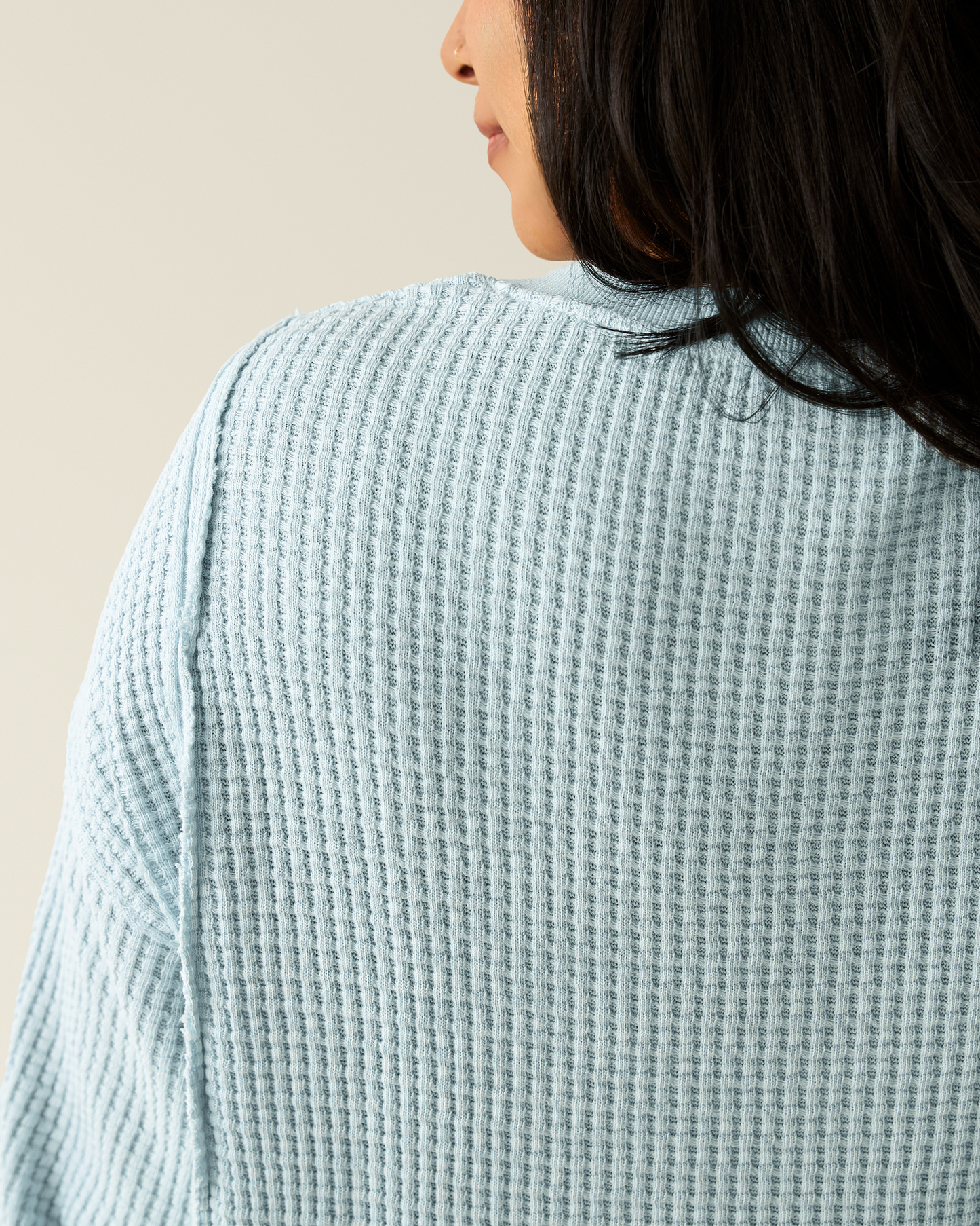 Close up of model wearing Joelle Thermal Maternity & Nursing Top in Powder Blue