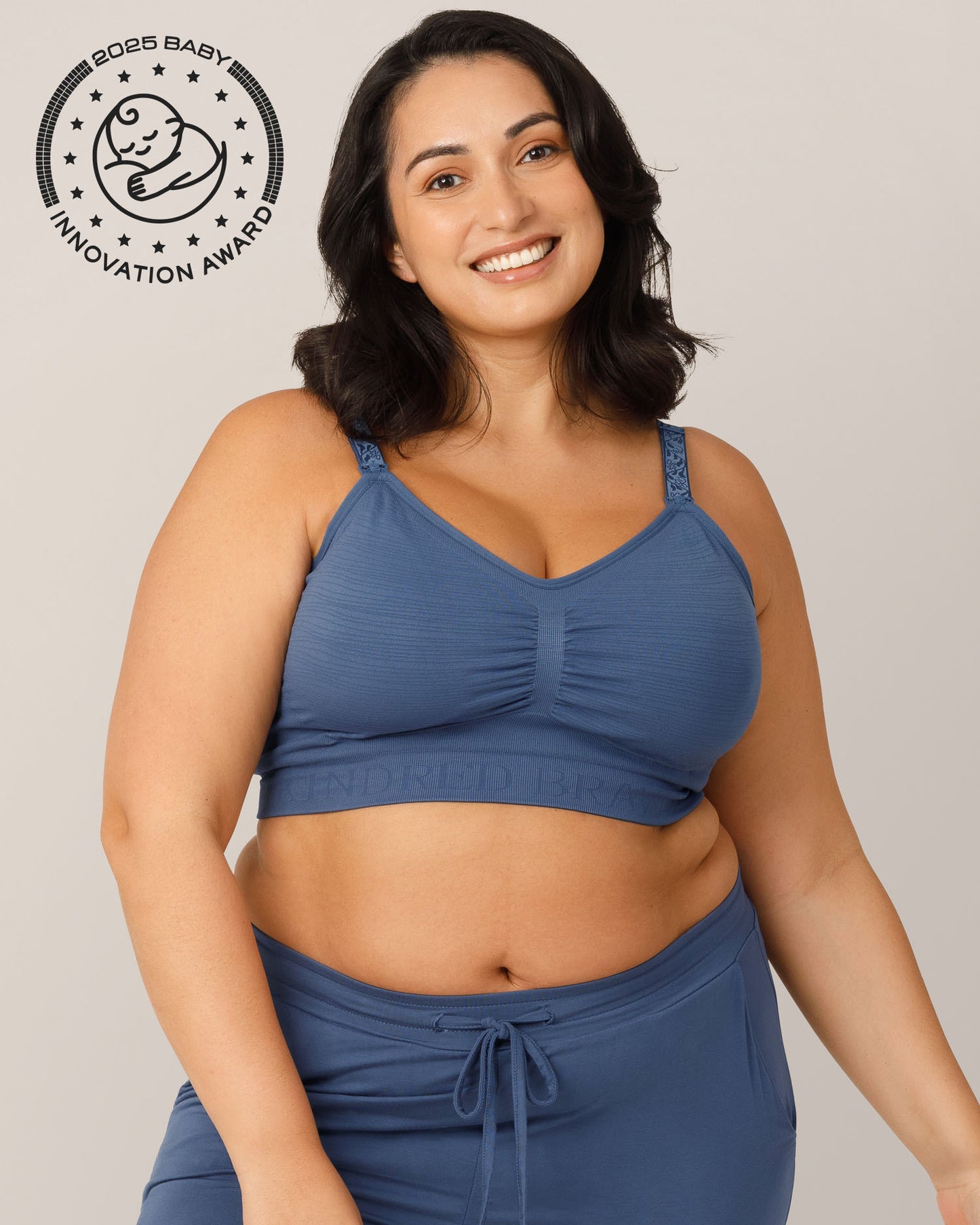 Front view of model wearing the Sublime® Hands-Free Pumping & Nursing Bra in Slate Blue in a Busty fit. @model_info:Connie is wearing an X-Large Busty.