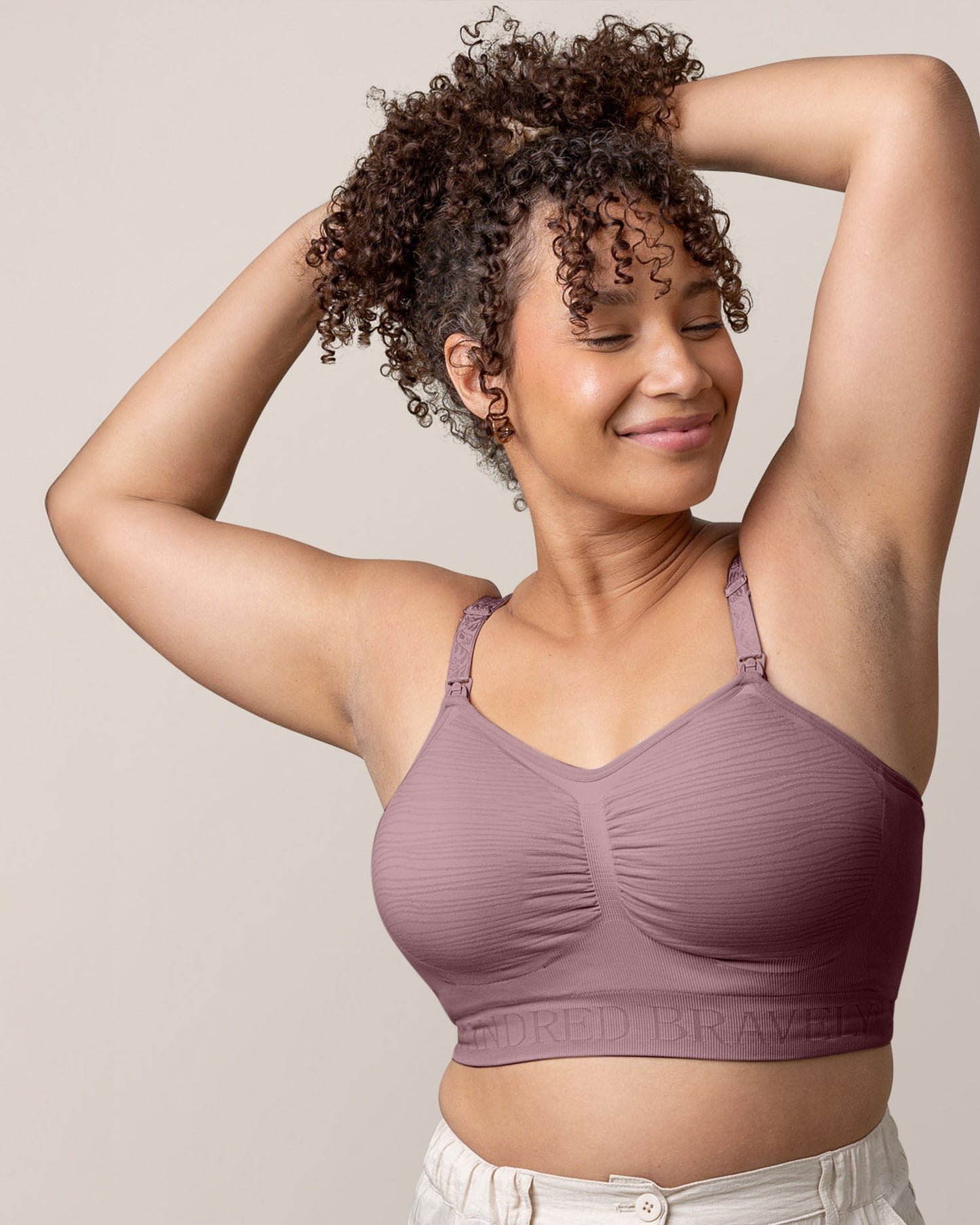 Model wearing the Sublime® Hands-Free Pumping & Nursing Bra in Twilight @model_info:Alysha is wearing a Large.