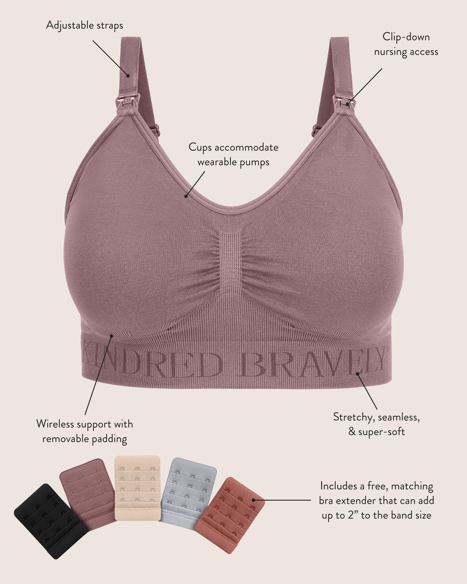 Diagram for the Simply Sublime® Nursing Bra calling out adjustable straps, clip-down nursing access, wireless support with removable padding, and stretchy, seamless, & super-soft; also notes and show that a free bra extender is included