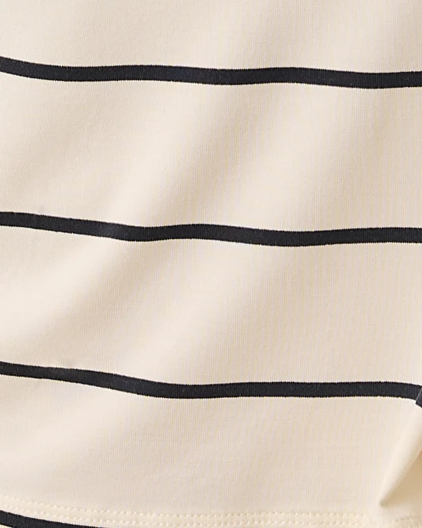 Close up of White & Black Stripe pattern of the Aria Bamboo Casual Cropped Long Sleeve Top in White & Black Stripe.