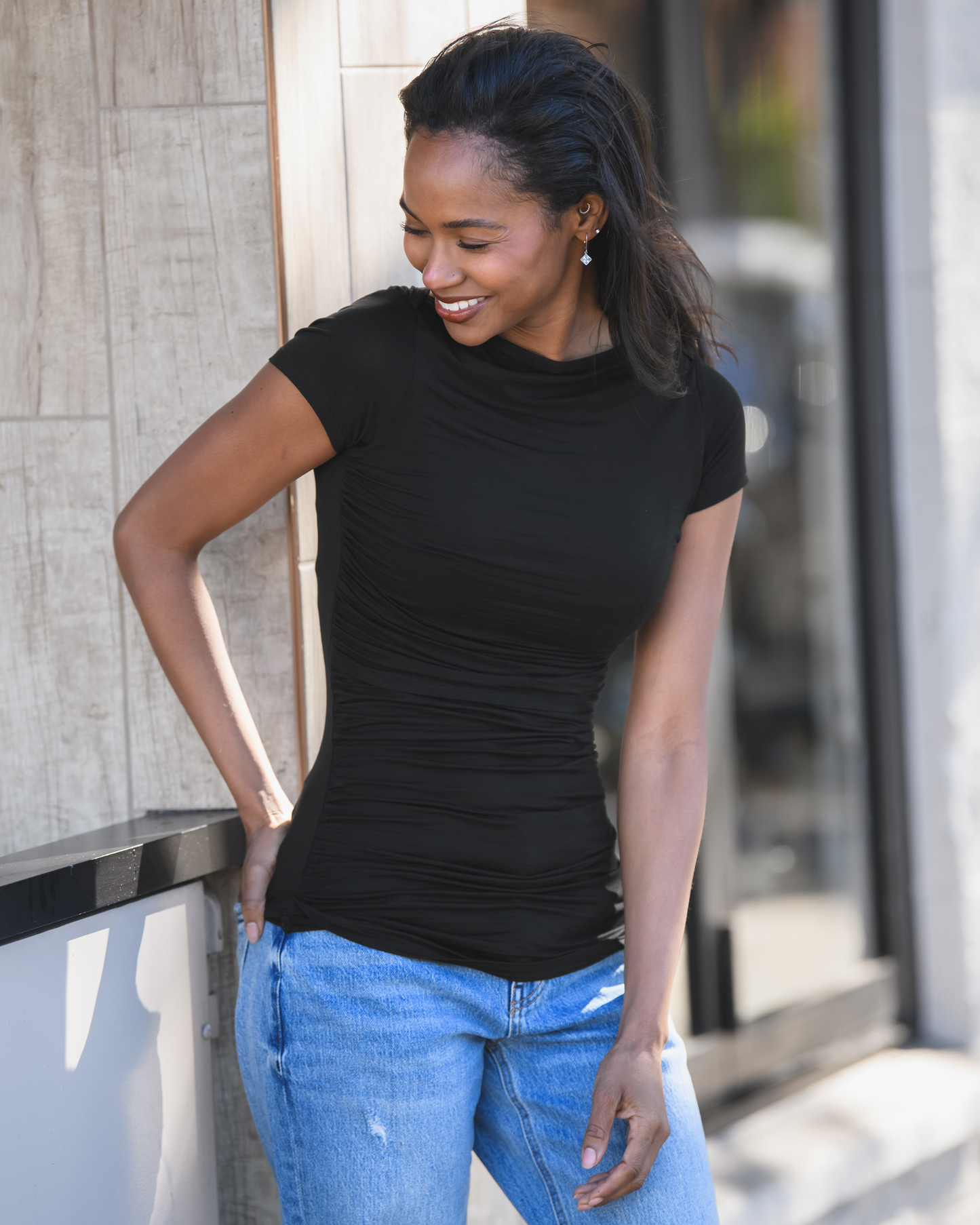 Model wearing Kiera Boat Neck Maternity & Nursing Top in Black @model_info:Alie is wearing a Small.