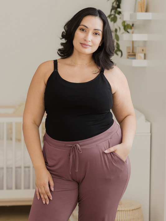 Model wearing the Sublime® Bamboo Hands-Free Pumping & Nursing Camisole in Black@model_info:Connie is wearing an X-Large Busty.