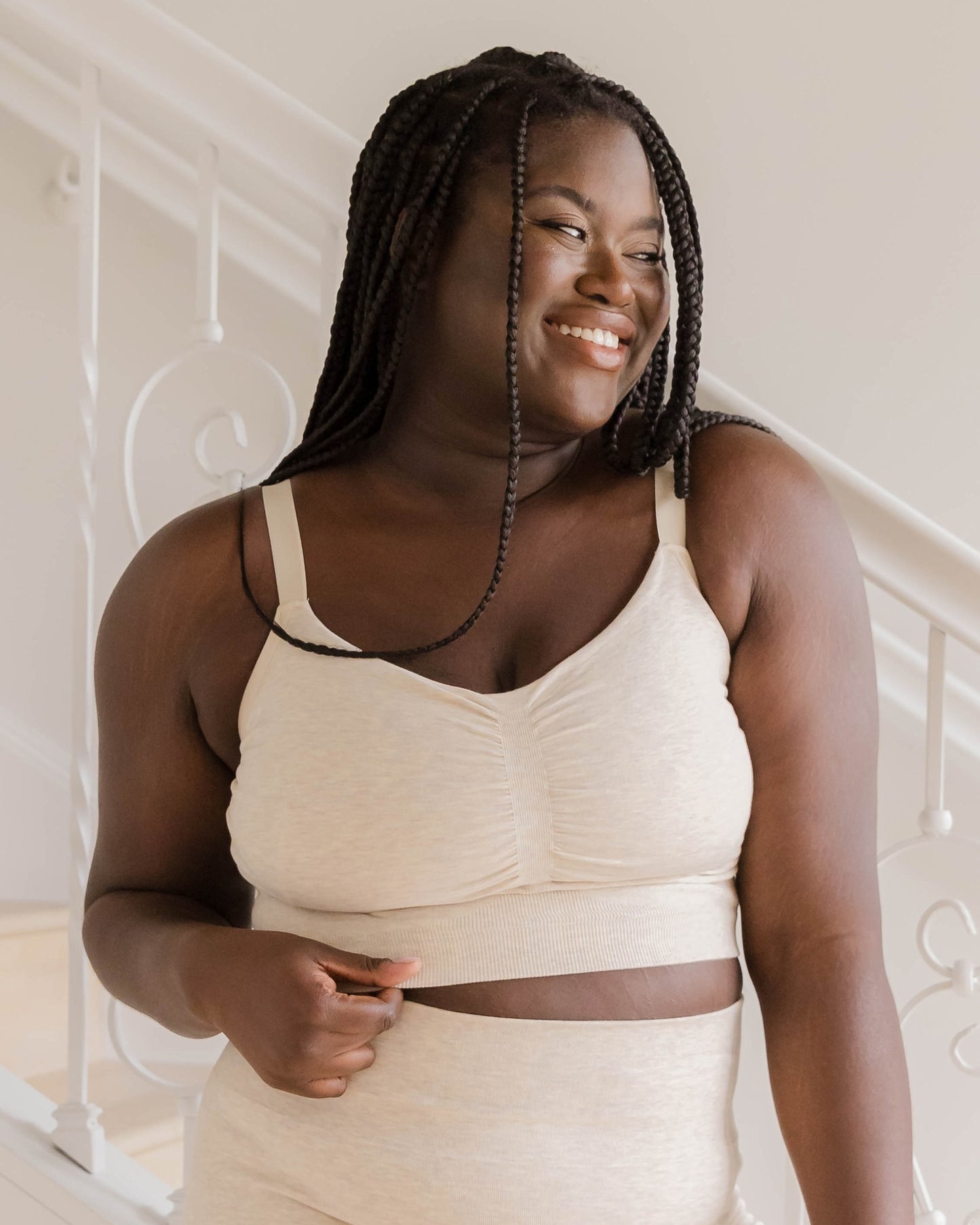 Model wearing the Sublime® Bamboo Hands-Free Pumping Lounge & Sleep Bra in Oatmeal Heather