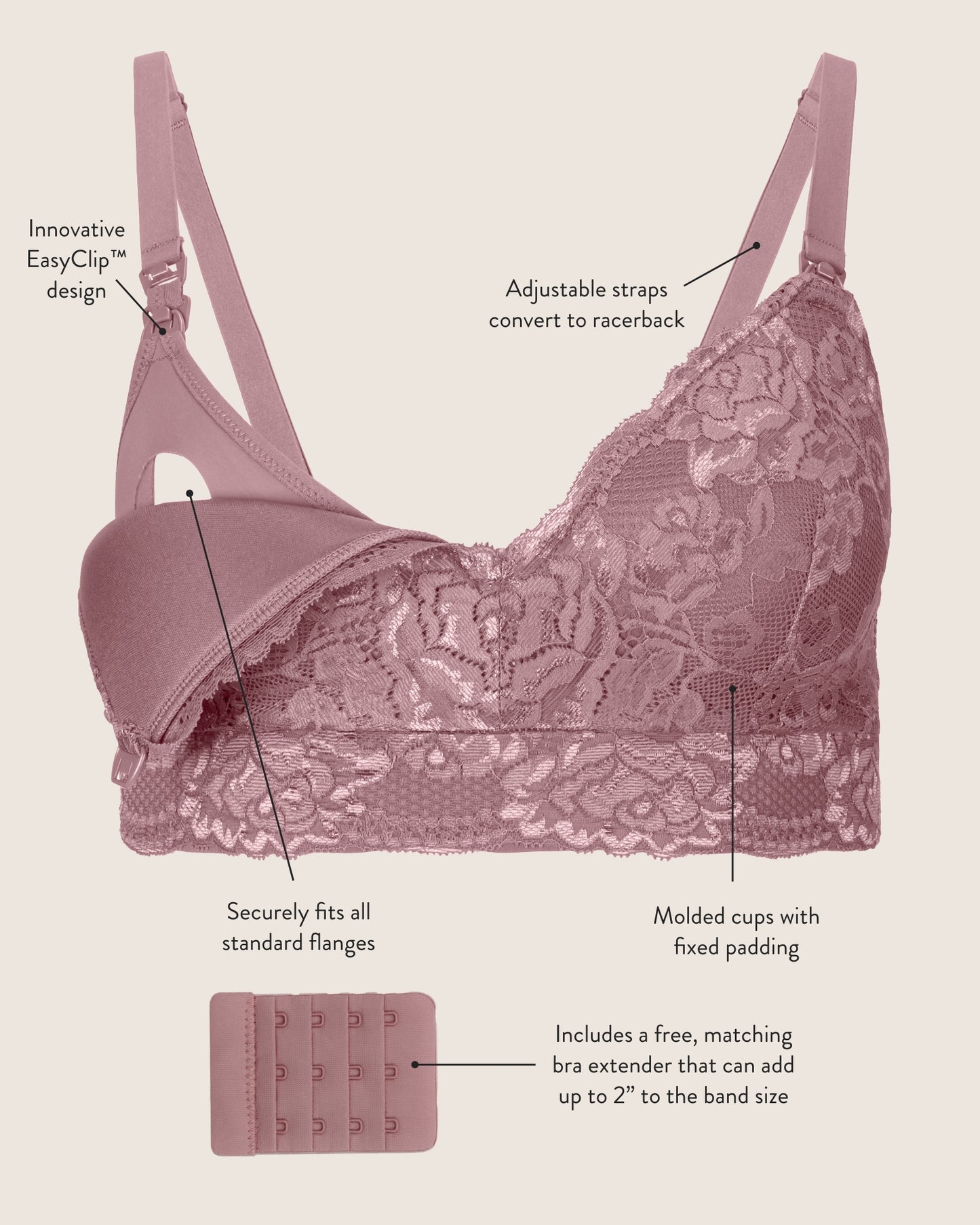 Flat image of the Lace Minimalist Hands-Free Pumping & Nursing Bra showcasing its' unique qualities: Adjustable straps that convert to racerback, EasyClip technology, flattering plunge cut, molded cups with fixed padding.