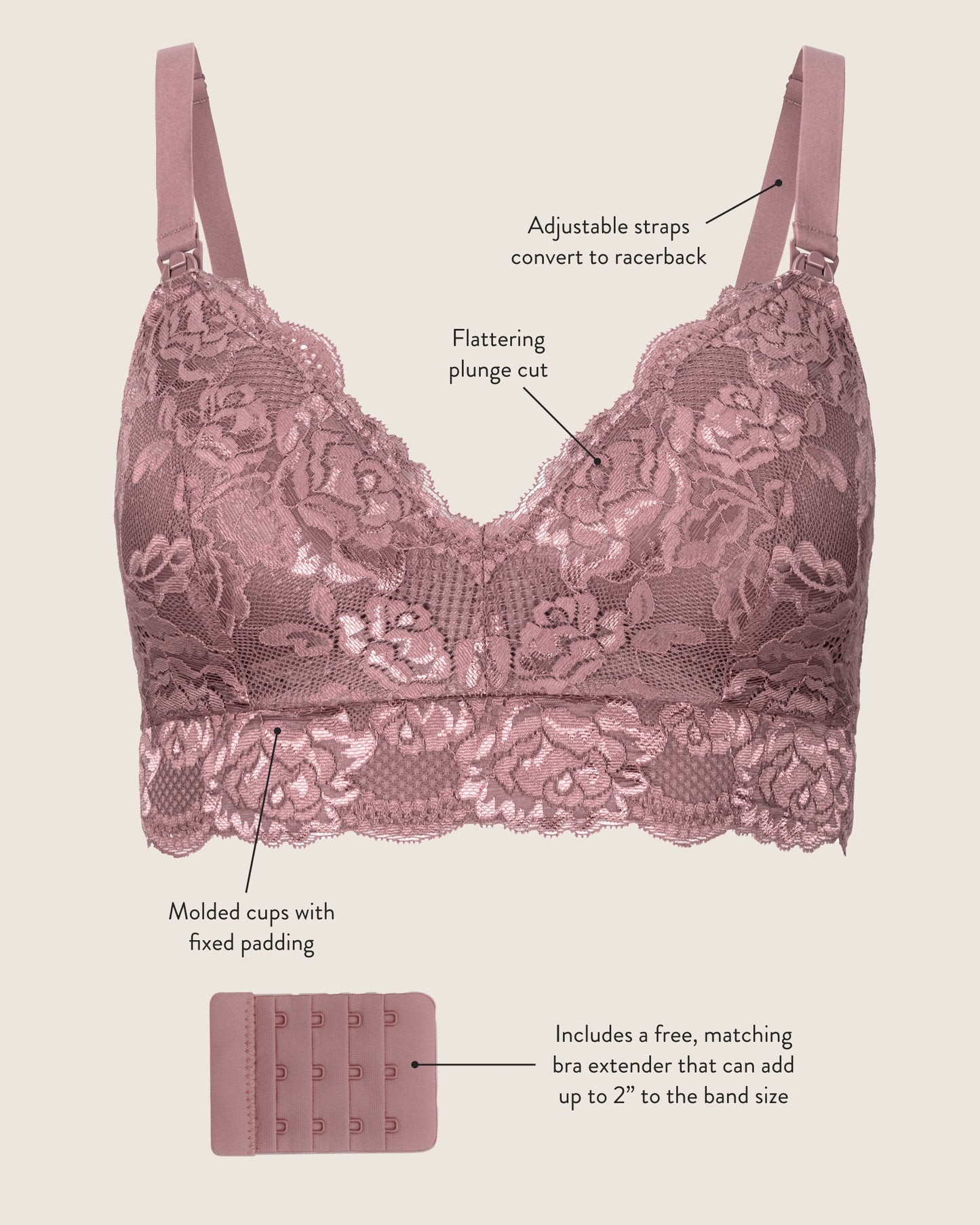 Flat image of the Lace Minimalist Nursing & Maternity Bra showcasing its' unique qualities: Adjustable straps that convert to racerback, flattering plunge cut, molded cups with fixed padding.