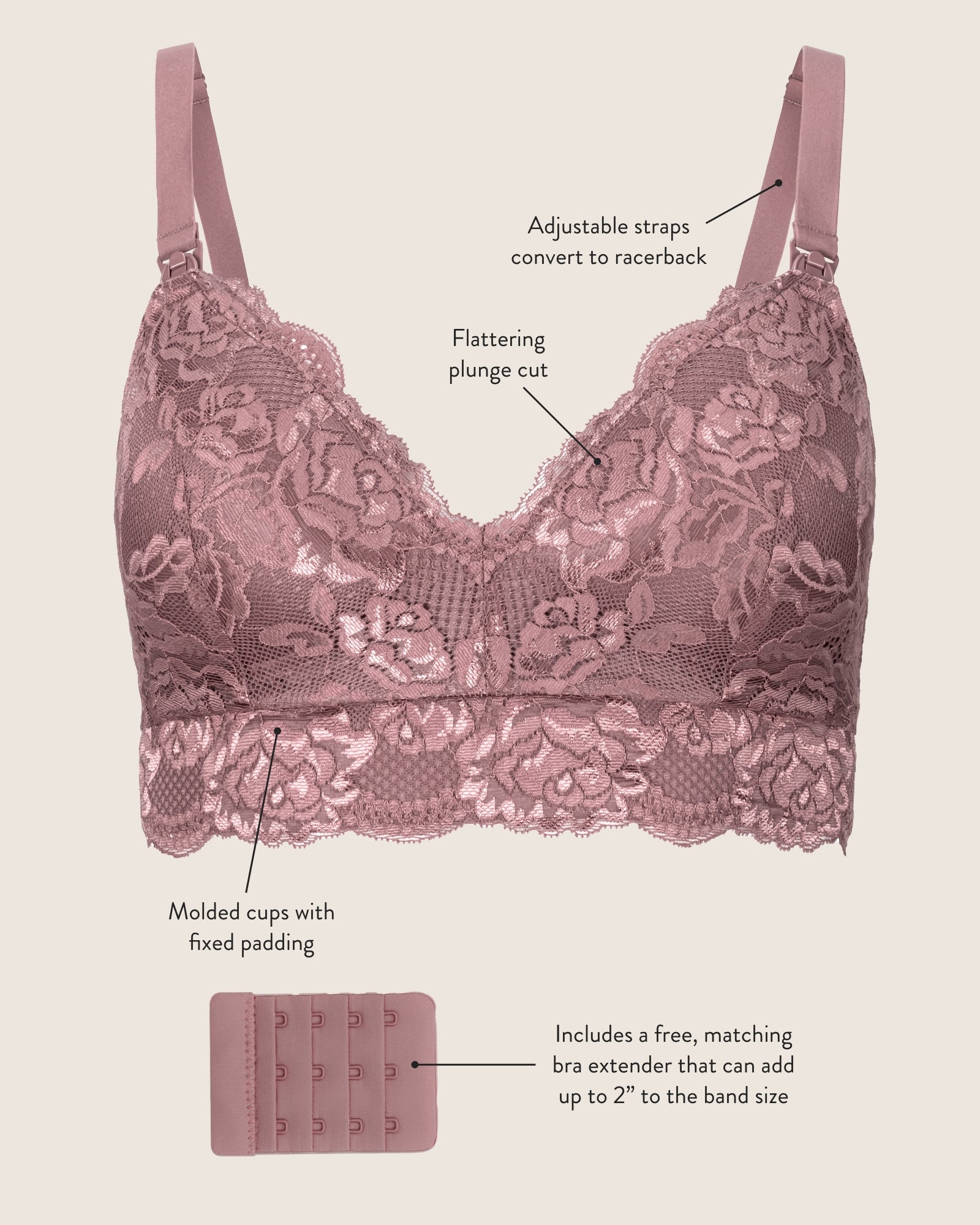 Flat image of the Lace Minimalist Nursing & Maternity Bra showcasing its' unique qualities: Adjustable straps that convert to racerback, flattering plunge cut, molded cups with fixed padding.