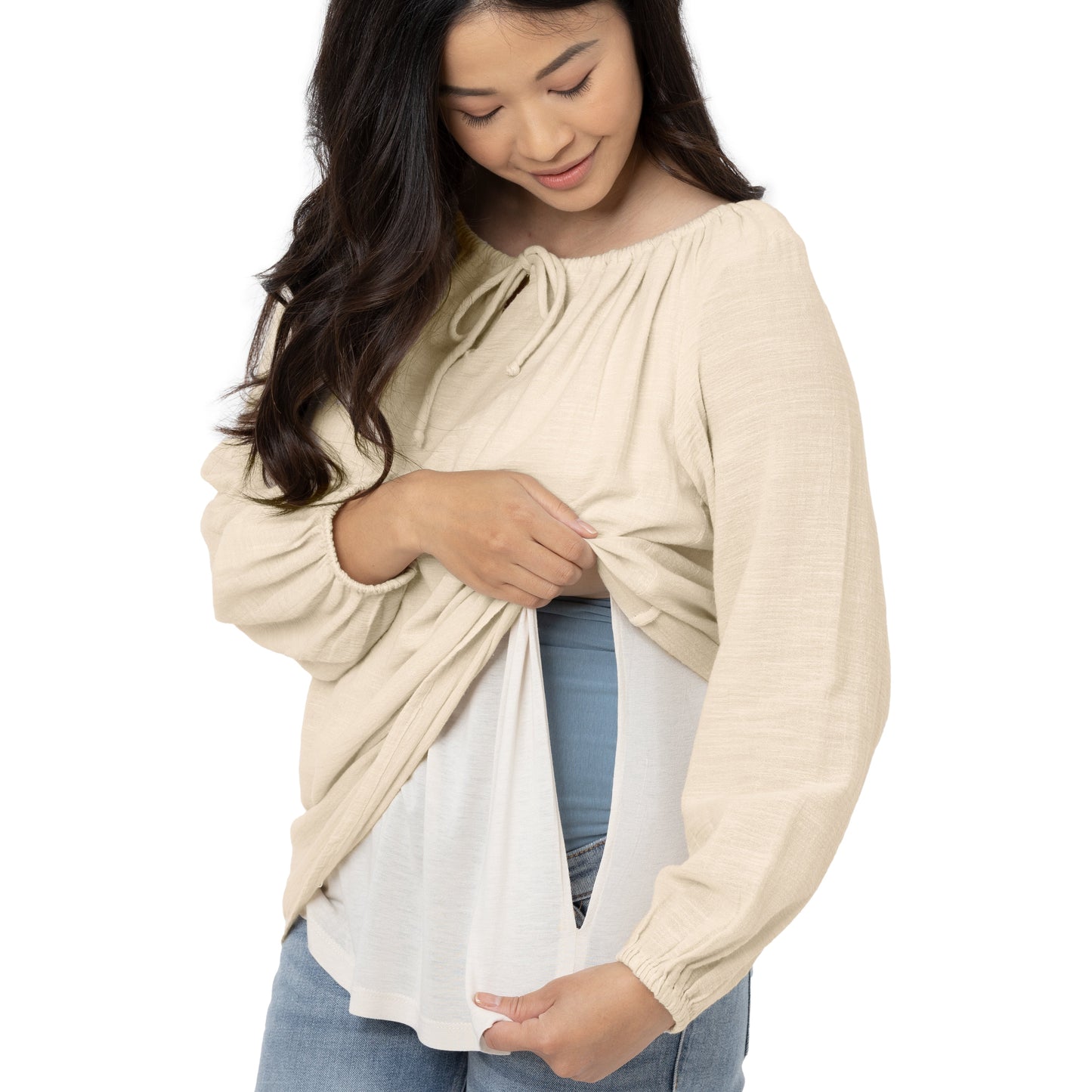 Model wearing the Long Sleeve Nursing Blouse showing the nursing access.