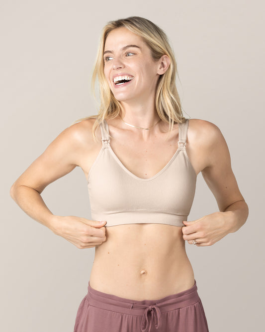 Front view of model wearing the Mia Maternity & Nursing Lounge Bra in Stone.@model_info:Mia is wearing a Small.