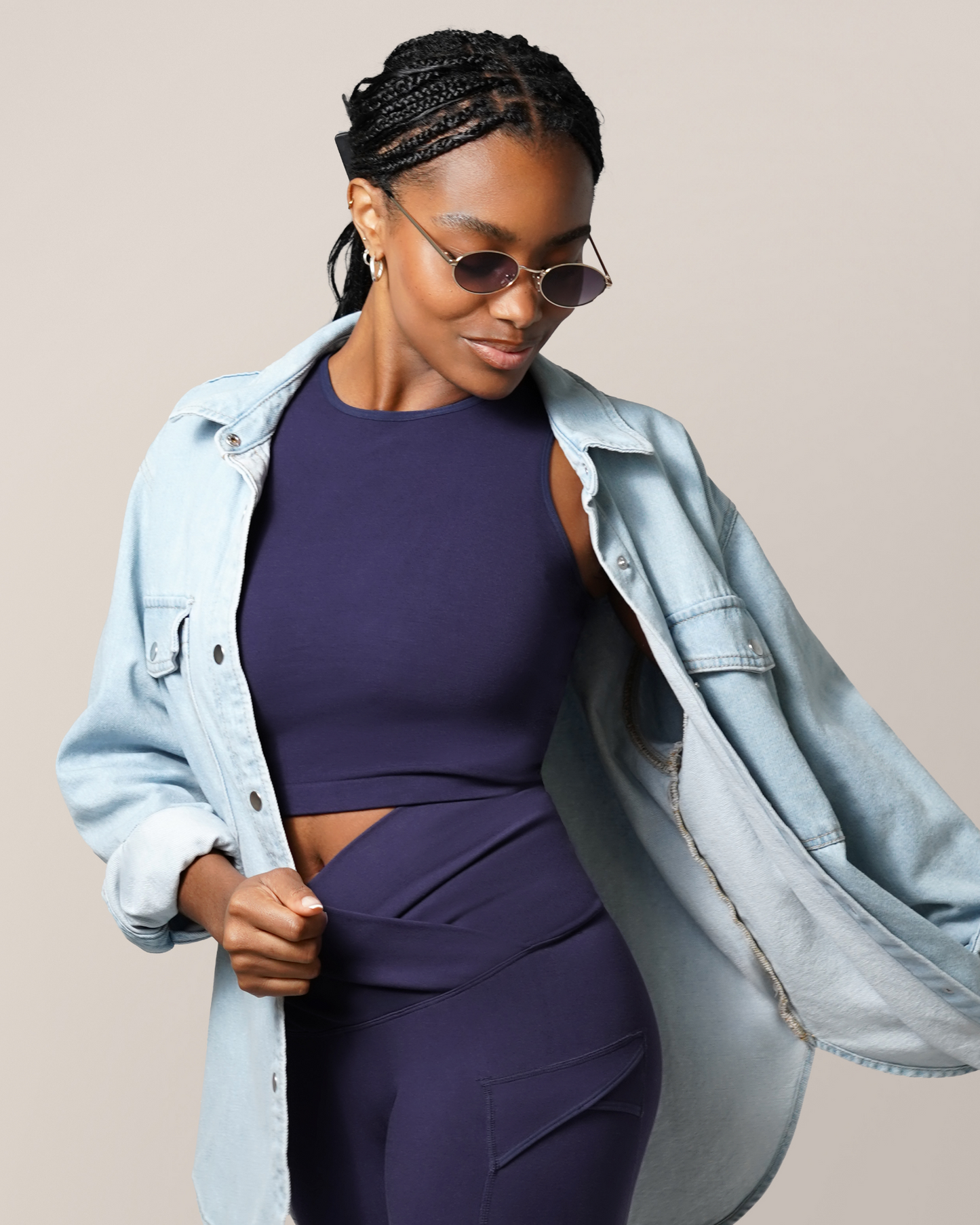Model wearing the Sublime® Bamboo Maternity & Nursing Longline Bra Top in Navy, paired with matching Sublime® Bamboo Maternity & Postpartum Crossover Legging and open button down top