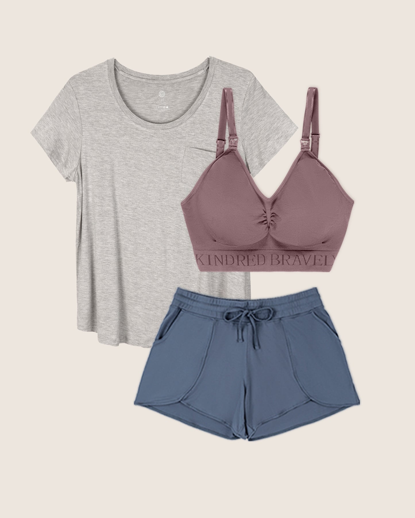 Mix-and-match Lounge Bundle, featuring the Simply Sublime Nursing Bra, the Everyday Maternity & Nursing T-shirt, and the Bamboo Maternity & Postpartum Lounge Short