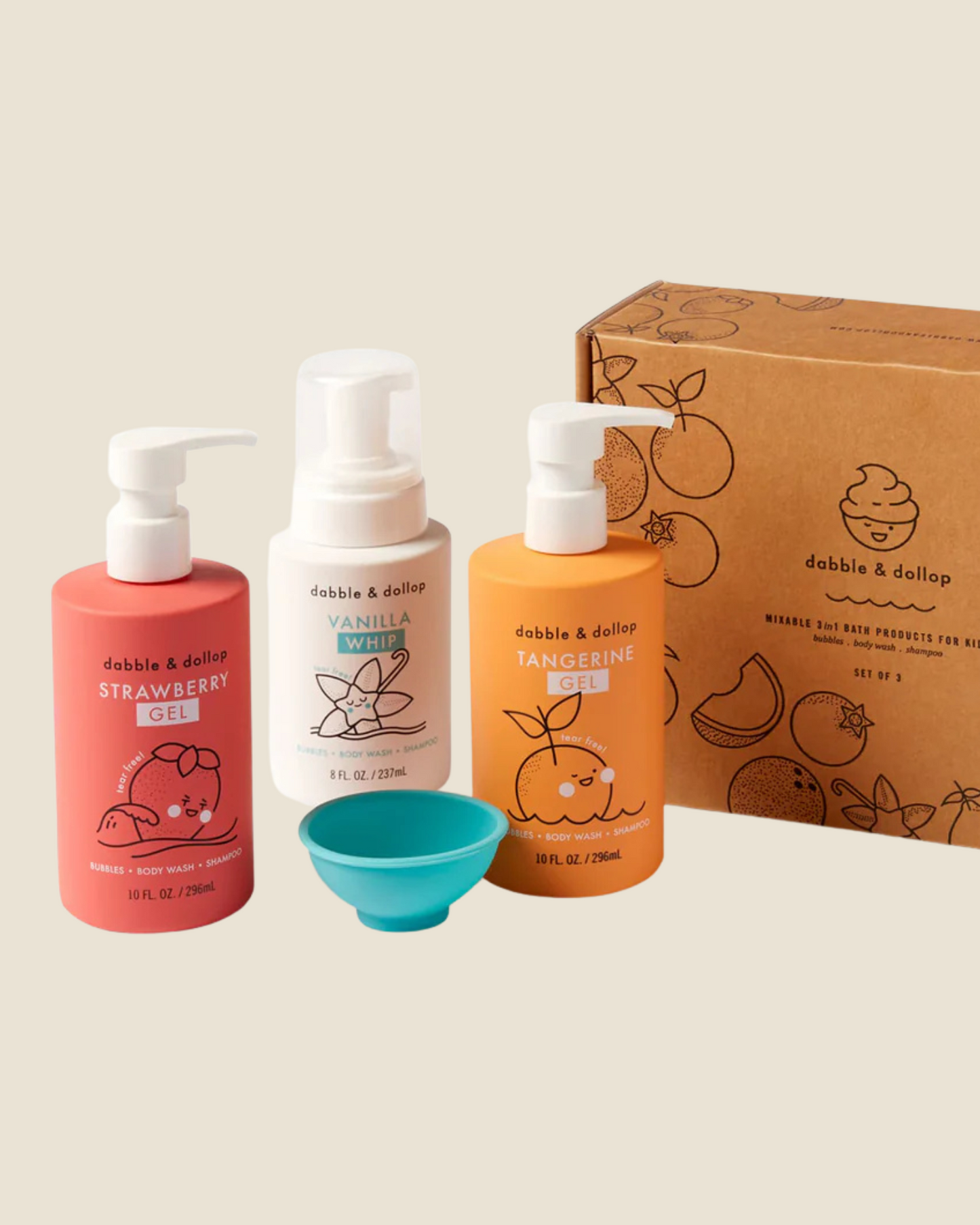 Three bottles of dabble & dollop products and mixing bowl with a box in the background, from the The Original Bubble Bath Bundle