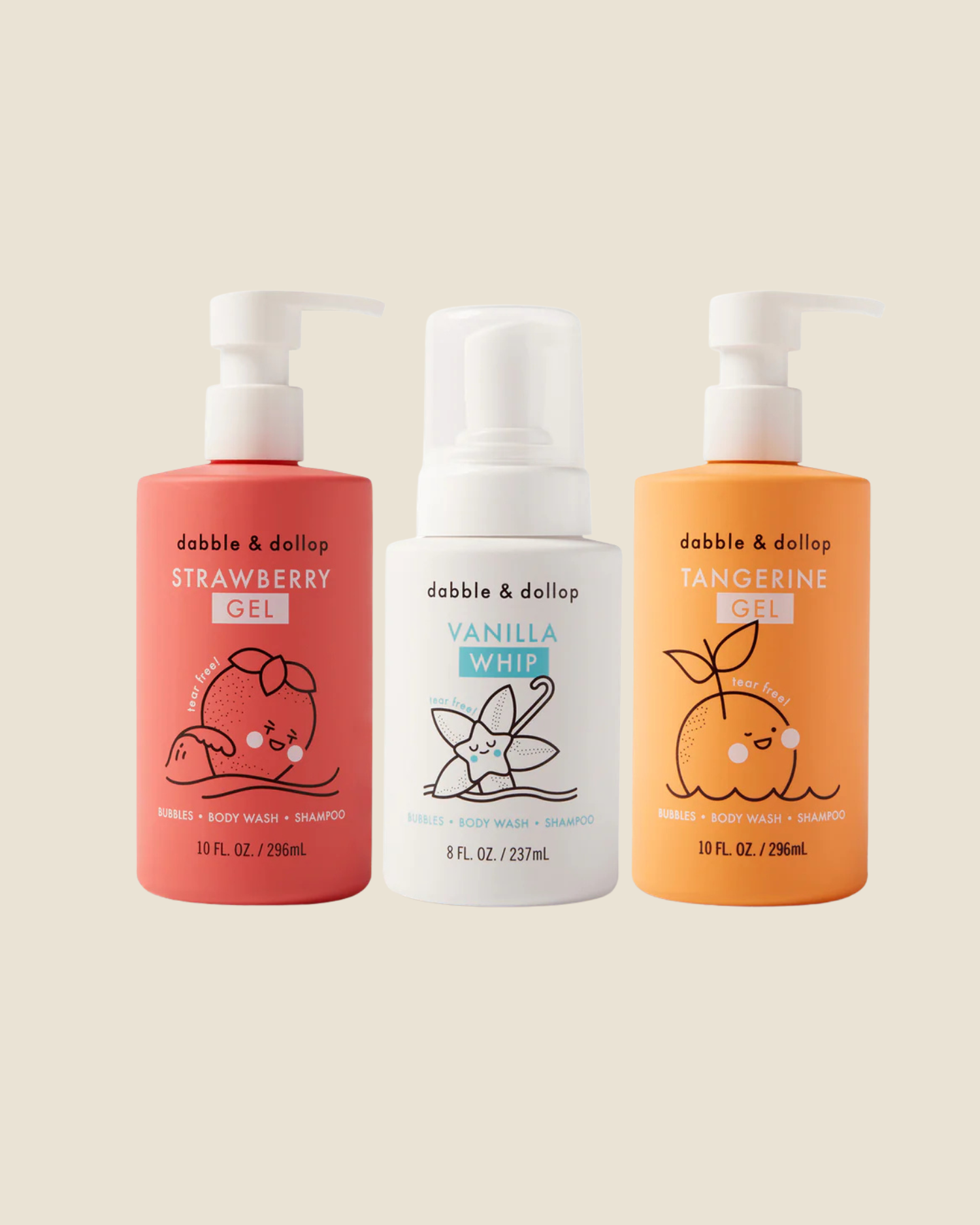 Three bottles of dabble & dollop body wash on a beige background, showing Strawberry Gel, Vanilla Whip, and Tangerine Gel options
