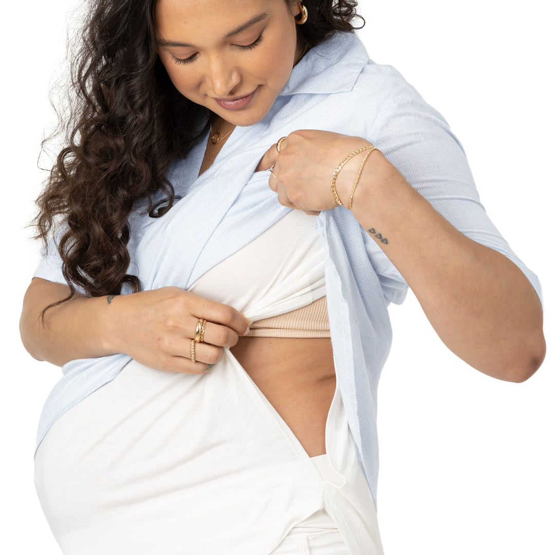 Oversized Nursing & Maternity Collared Top | Blue Pinstripe-Tops-Kindred Bravely