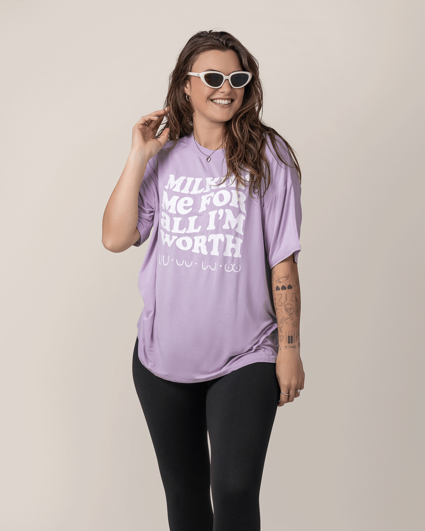Front view of model wearing Oversized Graphic Tee in For All I'm Worth @model_info:Gibson is wearing a Medium.