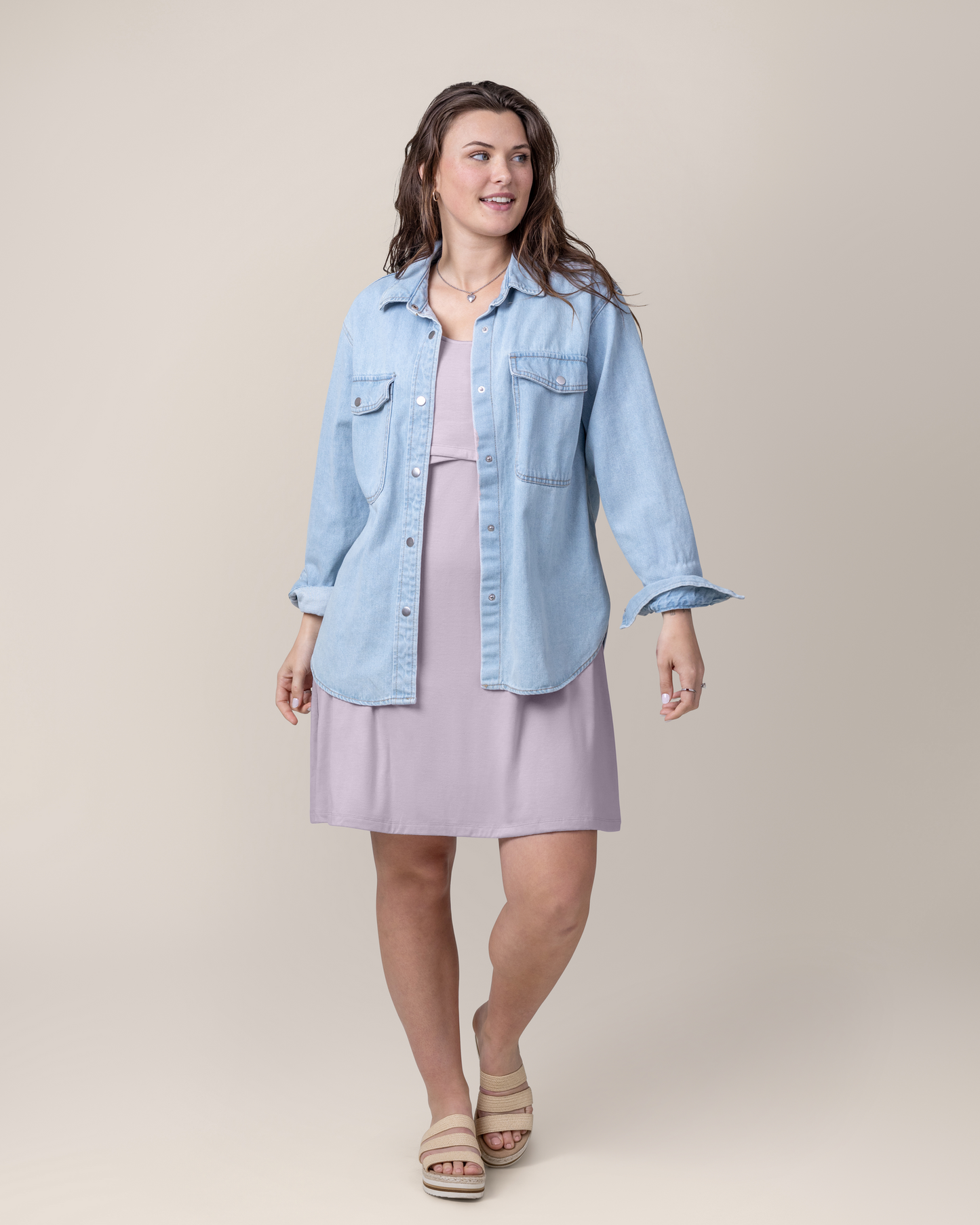 Front view of model wearing the Penelope Crossover Nursing Dress in Lavender Mist